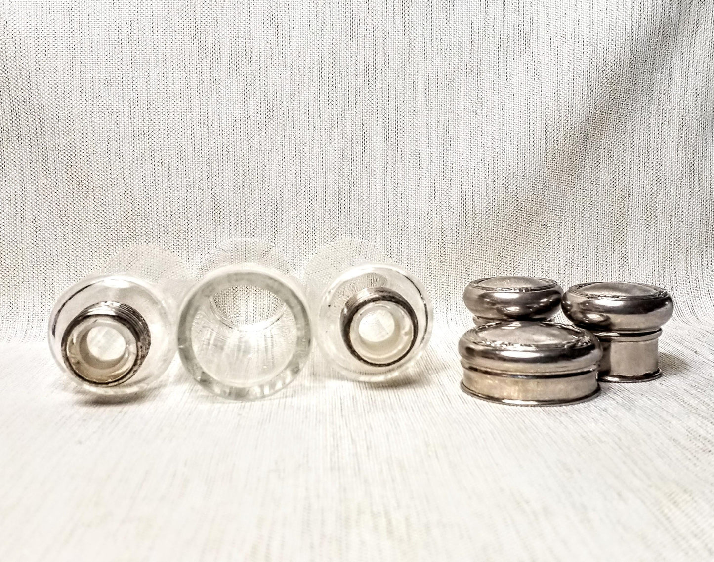 Antique Floral Silverplated Lidded Glass Bottles, Set of 3