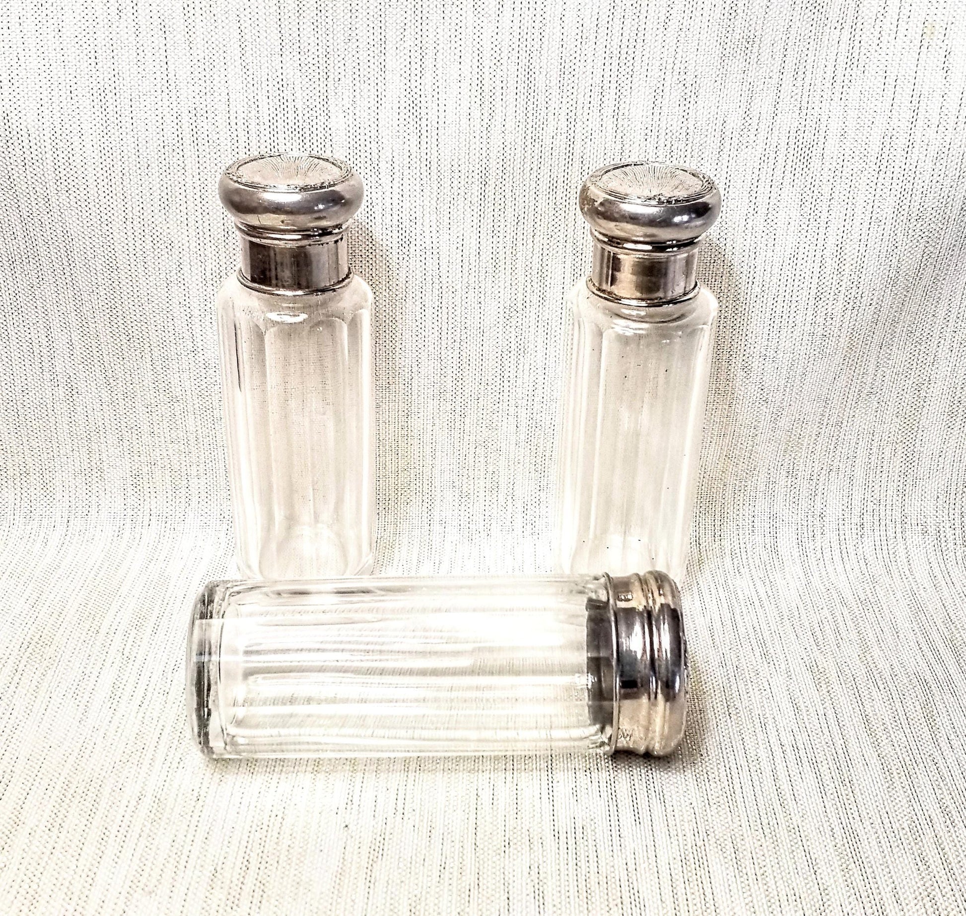 Antique Floral Silverplated Lidded Glass Bottles, Set of 3