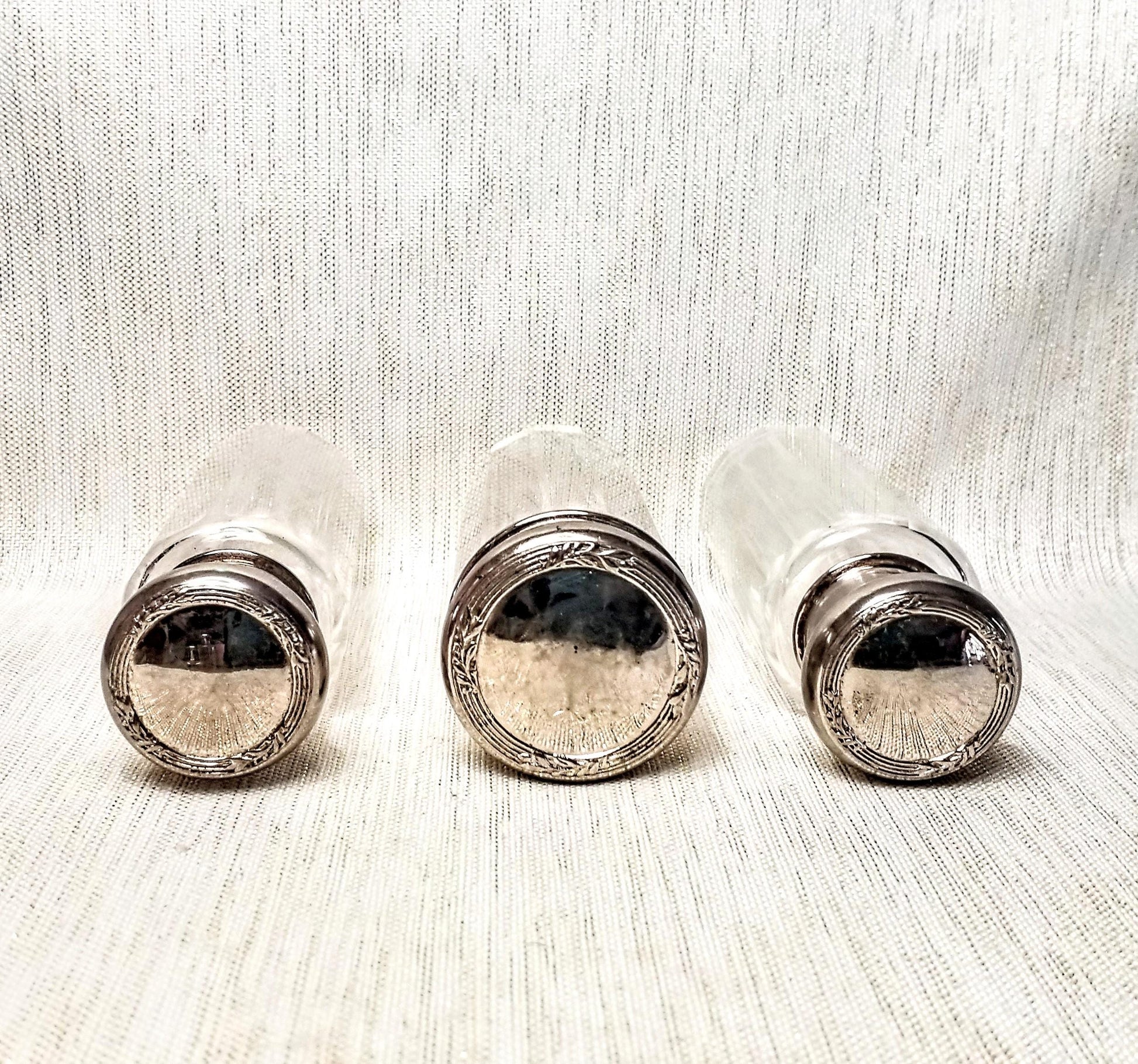 Antique Floral Silverplated Lidded Glass Bottles, Set of 3