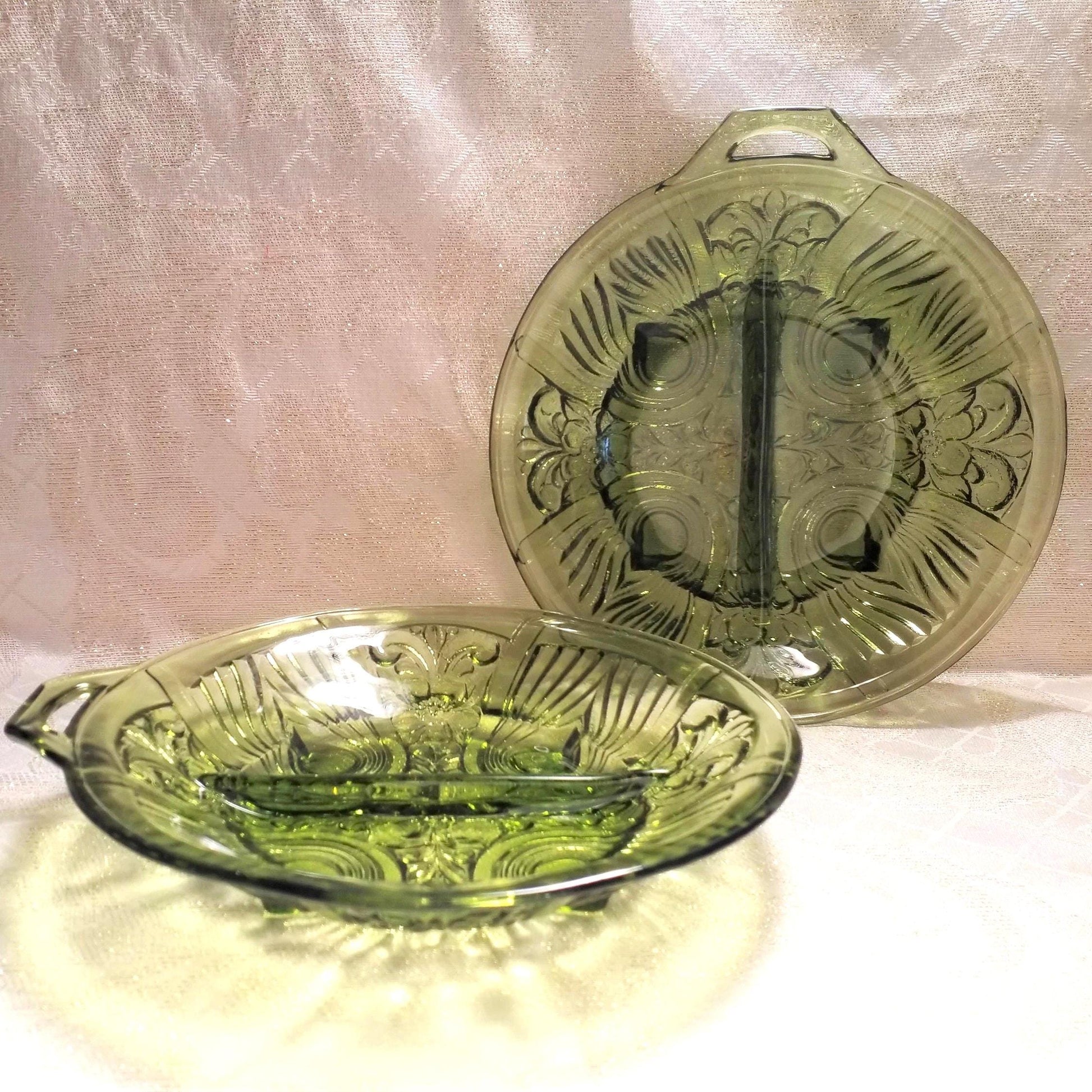 Avocado Green Glass Relish Dishes Set, Detailed Design Serving Dishes