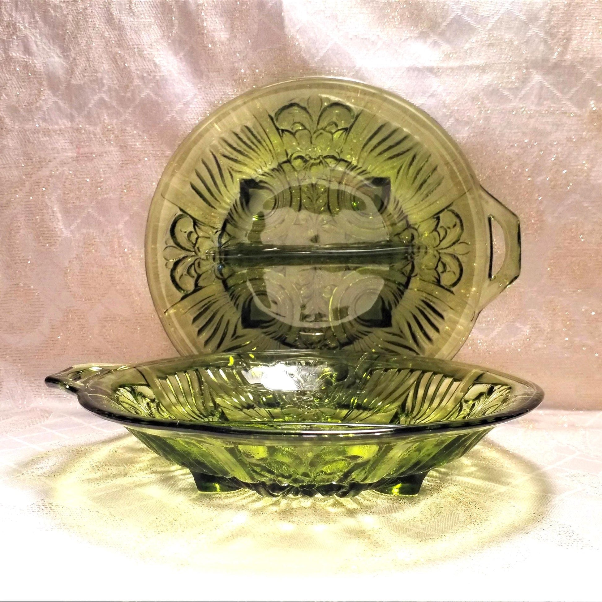 Avocado Green Glass Relish Dishes Set, Detailed Design Serving Dishes