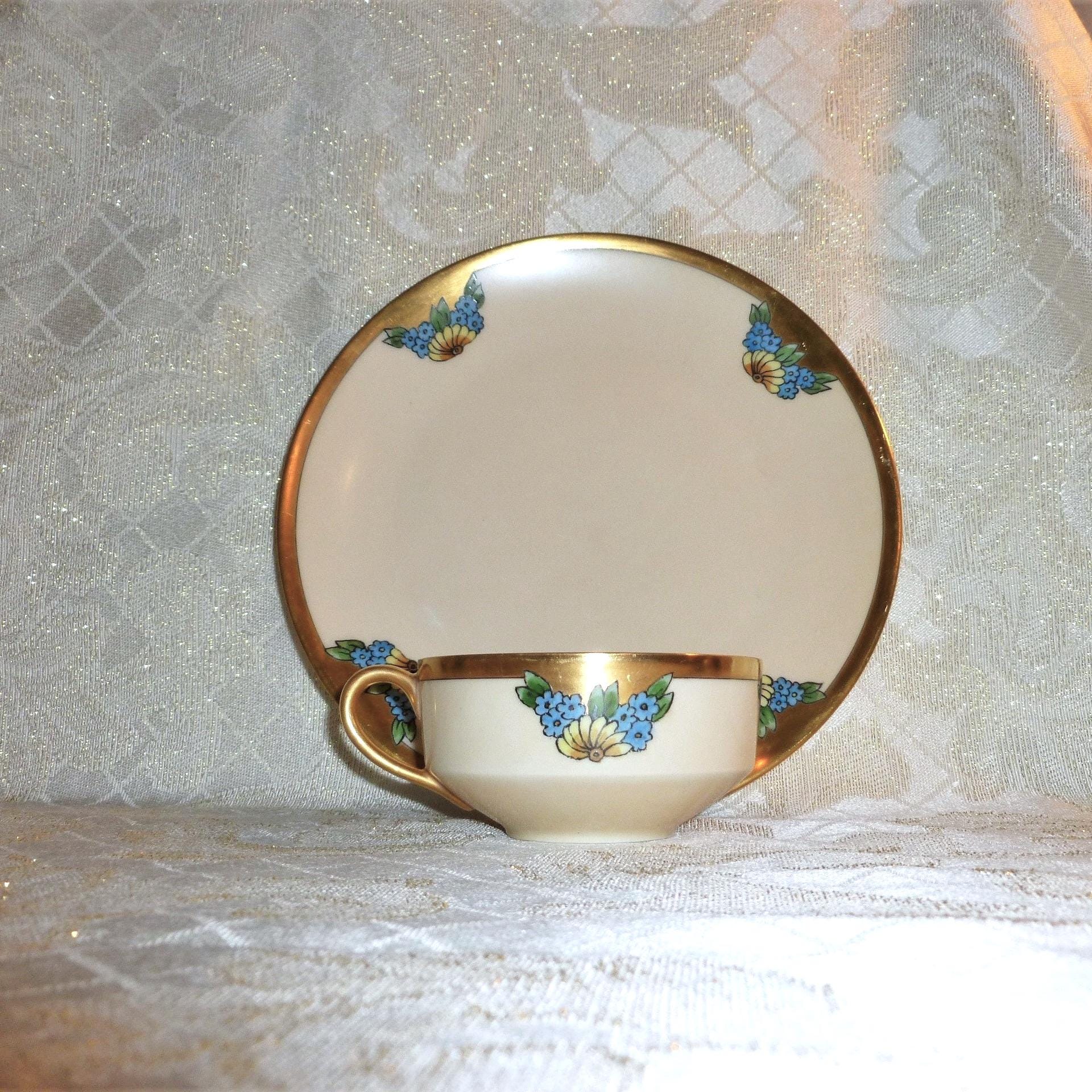 Vintage Thomas Bone China Cup and Saucer Set, Floral Gold Trim, 1929 Bavaria