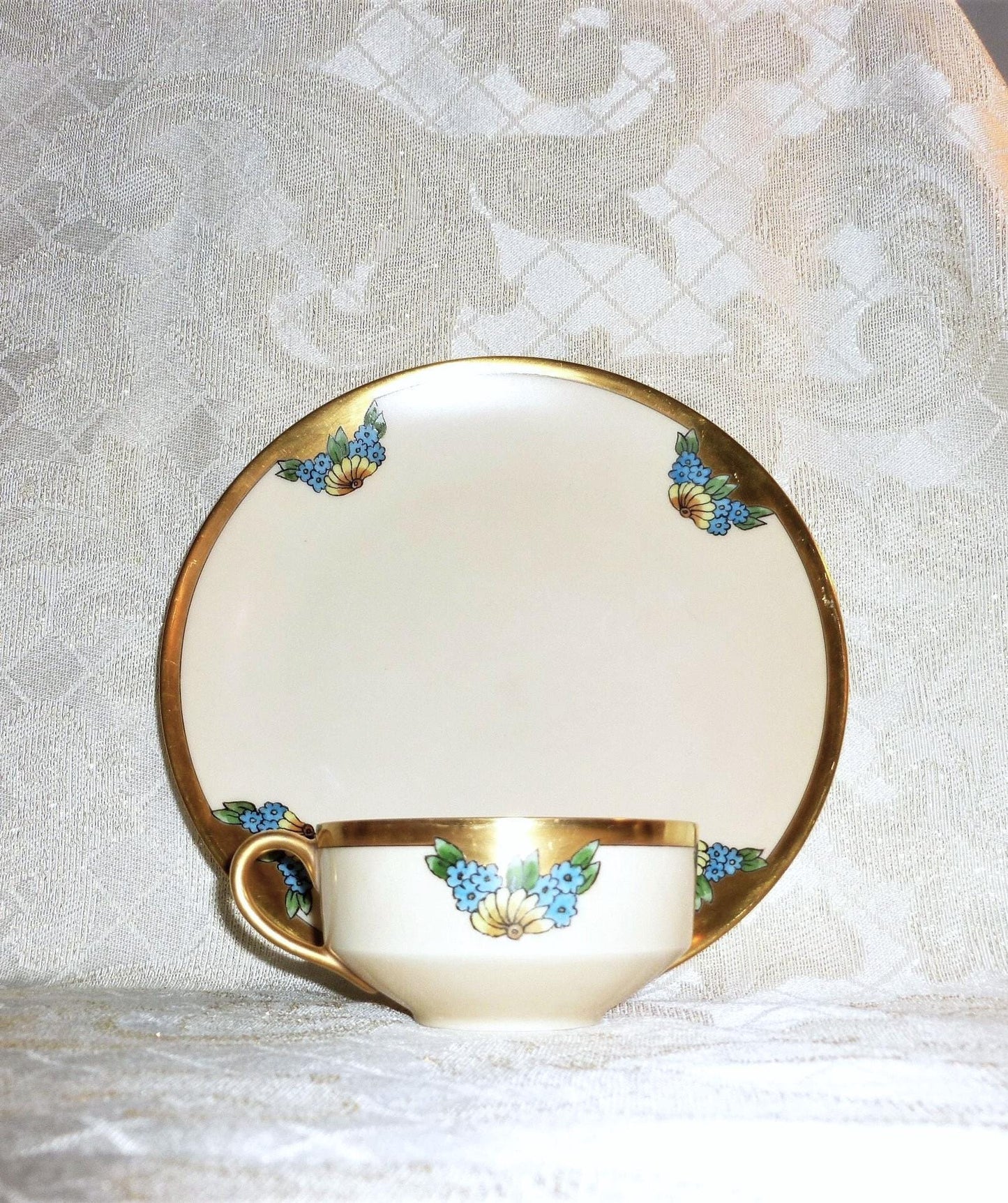 Vintage Thomas Bone China Cup and Saucer Set, Floral Gold Trim, 1929 Bavaria