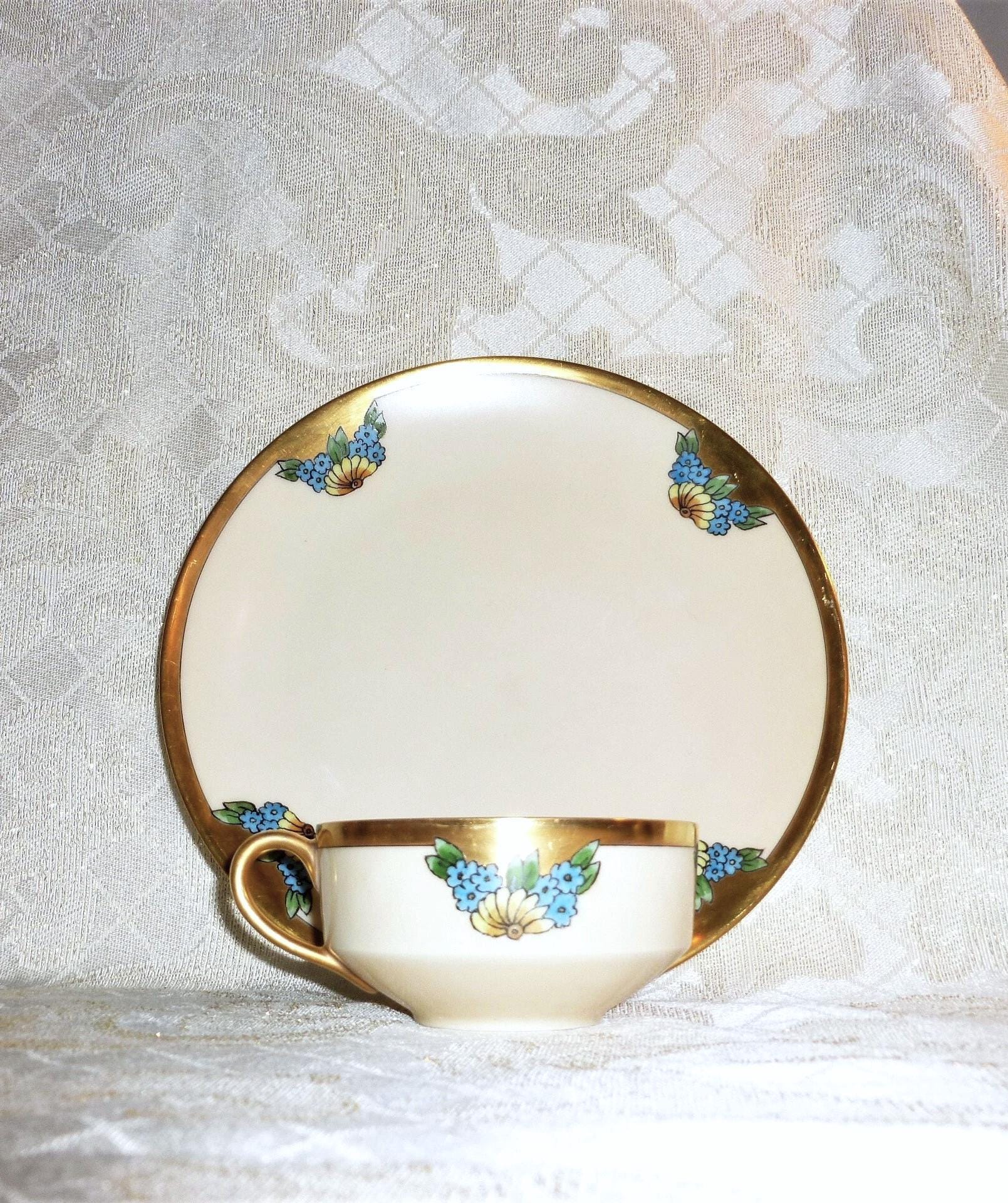 Vintage Thomas Bone China Cup and Saucer Set, Floral Gold Trim, 1929 Bavaria