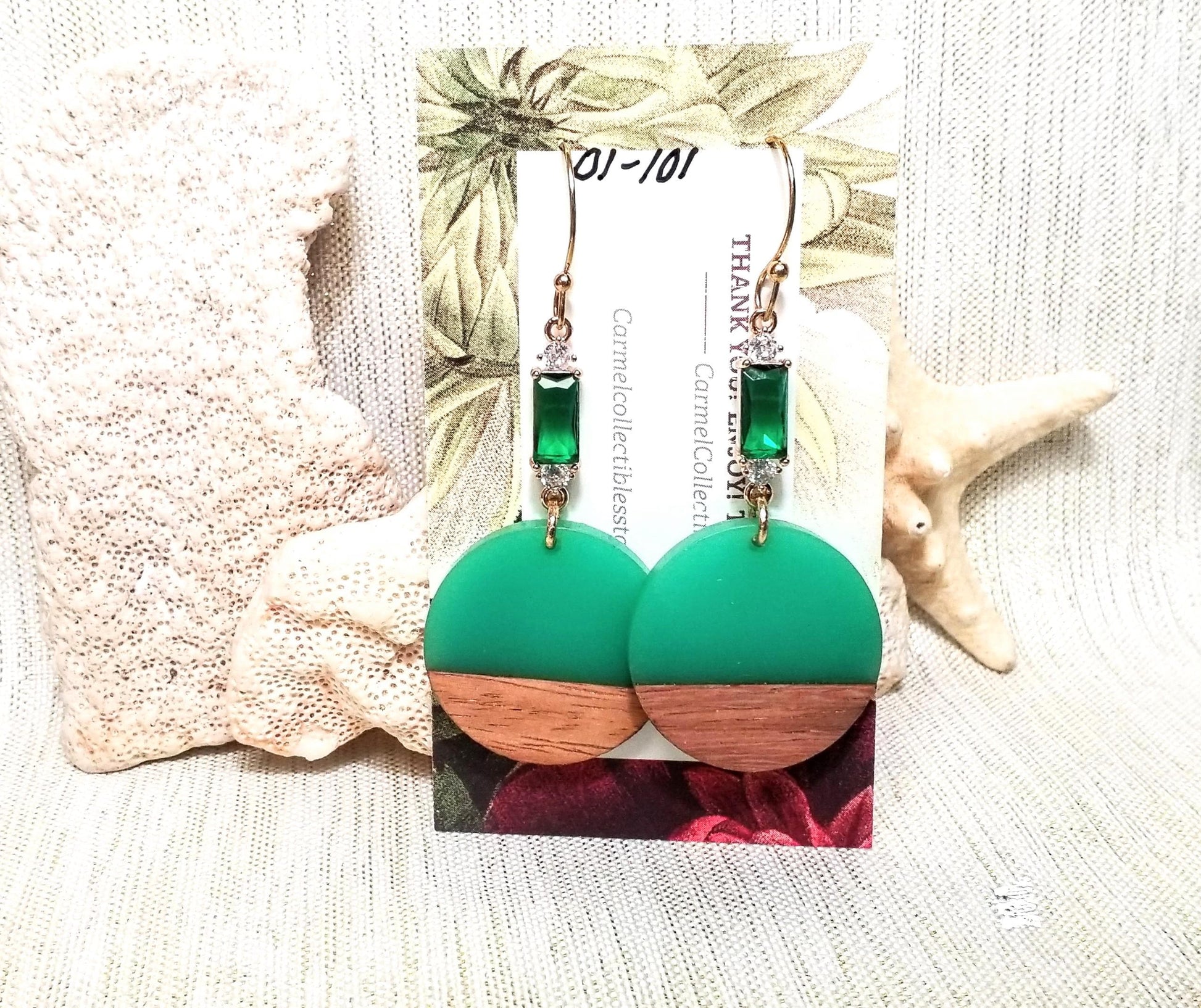 Handcrafted Teal Acrylic Earrings: Wood & Crystal Dangle