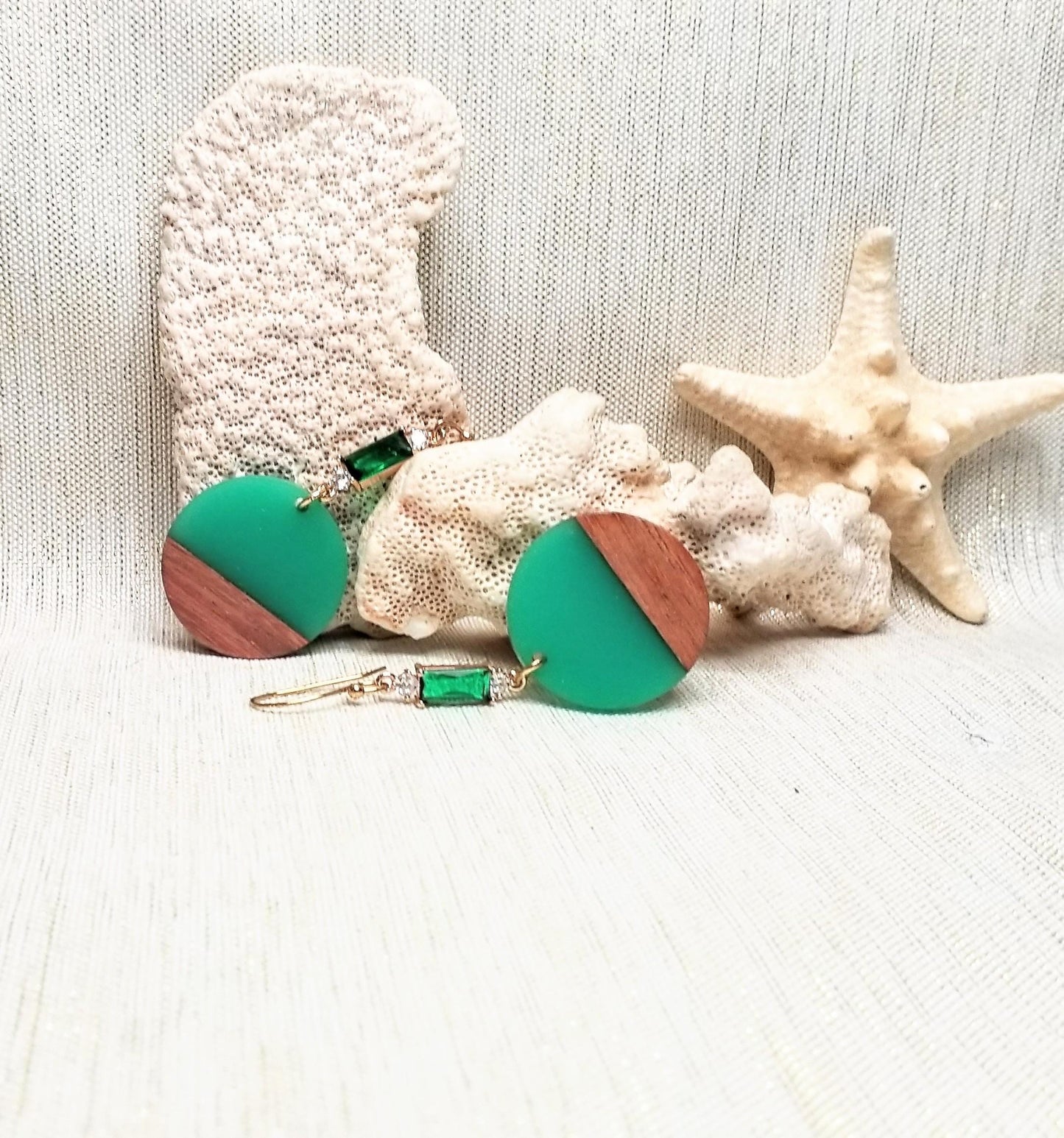 Handcrafted Teal Acrylic Earrings: Wood & Crystal Dangle