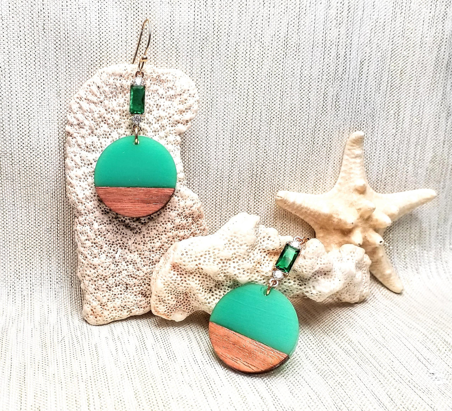 Handcrafted Teal Acrylic Earrings: Wood & Crystal Dangle