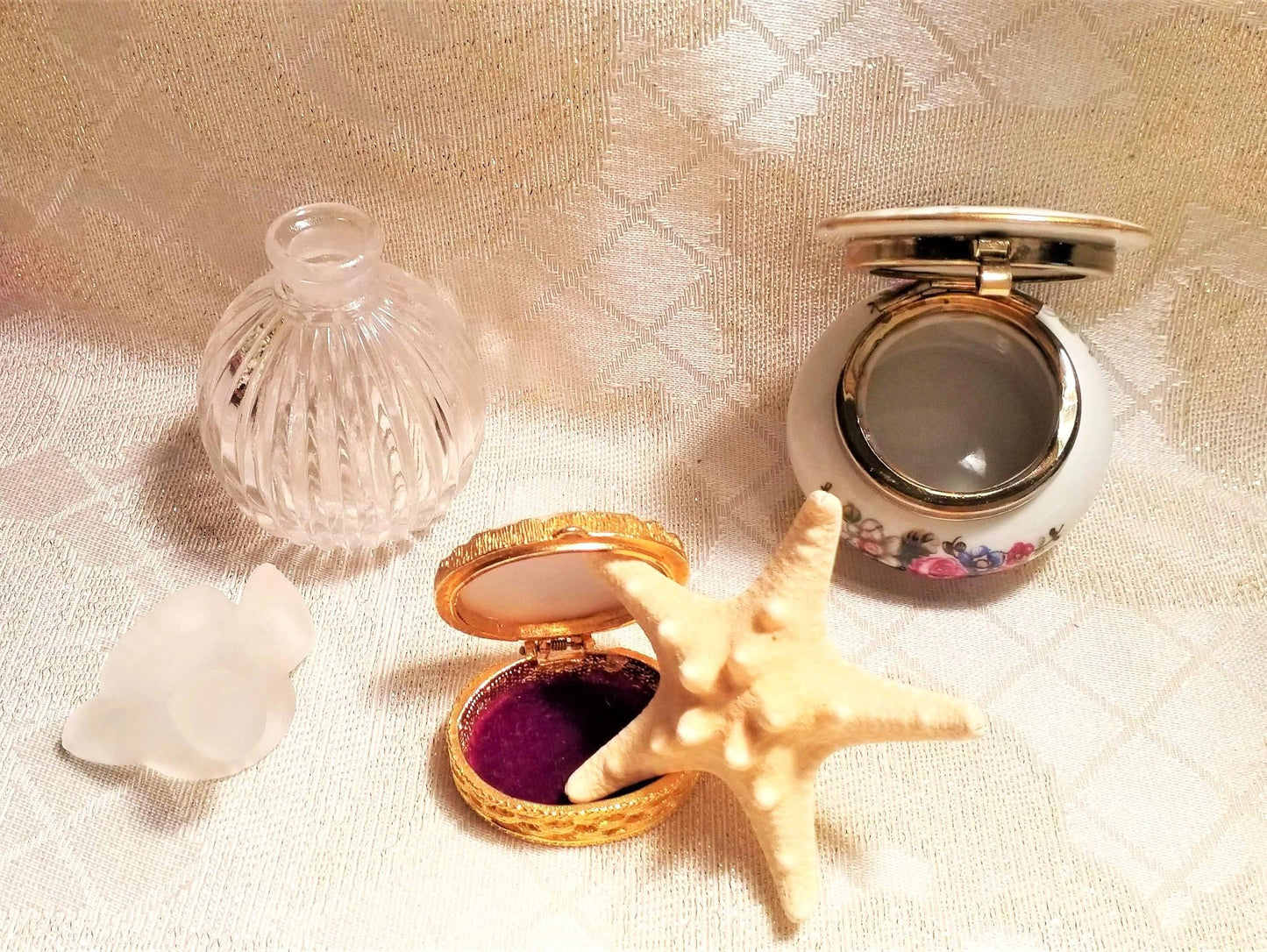 Vintage Perfume Bottle with Bird Stopper and Trinket Jars Floral And Courting Designs Always FREE Domestic SHIPPING