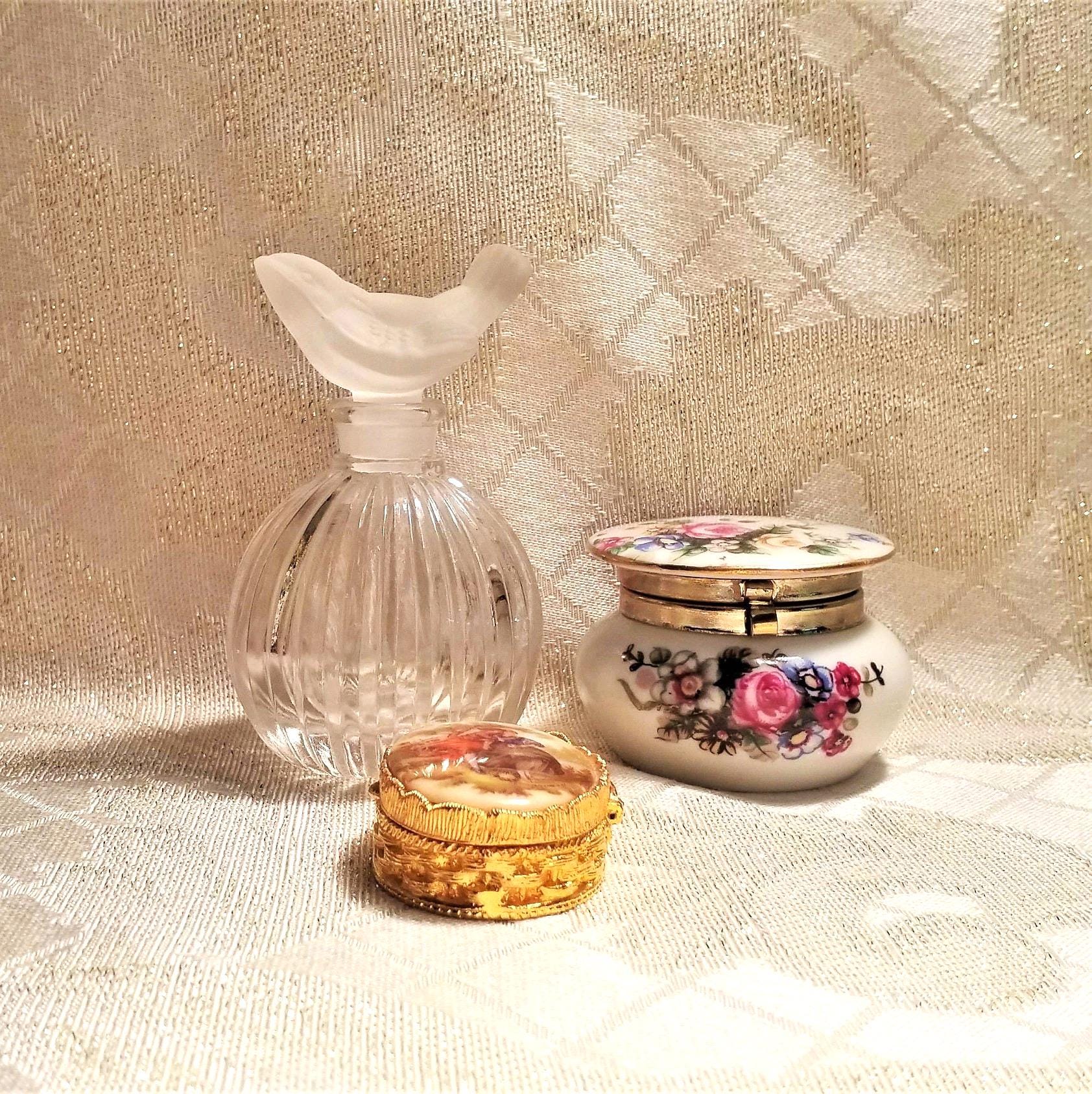 Vintage Perfume Bottle with Bird Stopper and Trinket Jars Floral And Courting Designs Always FREE Domestic SHIPPING