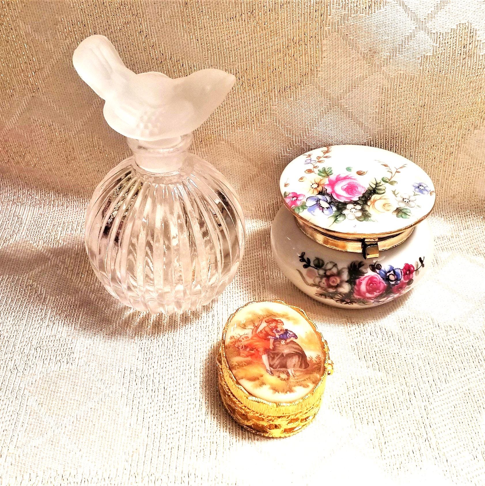 Vintage Perfume Bottle with Bird Stopper and Trinket Jars Floral And Courting Designs Always FREE Domestic SHIPPING