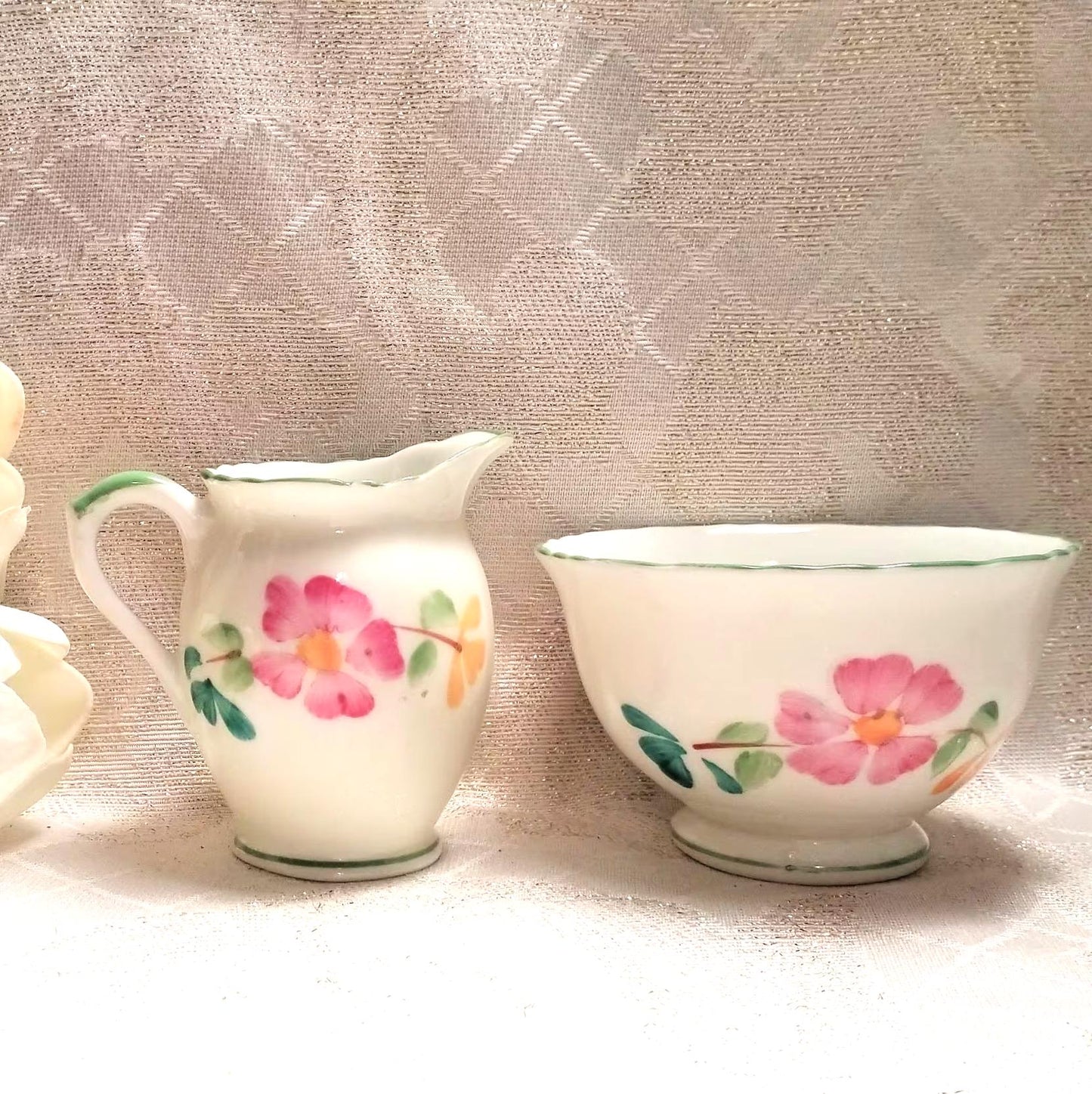 Vintage Sutherland Bone China Creamer and Sugar Bowl Set, Floral Chartreuse Trim