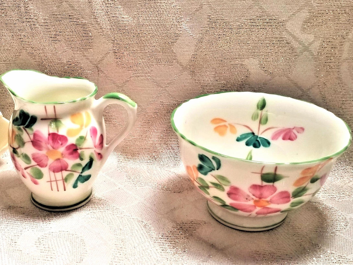 Vintage Sutherland Bone China Creamer and Sugar Bowl Set, Floral Chartreuse Trim