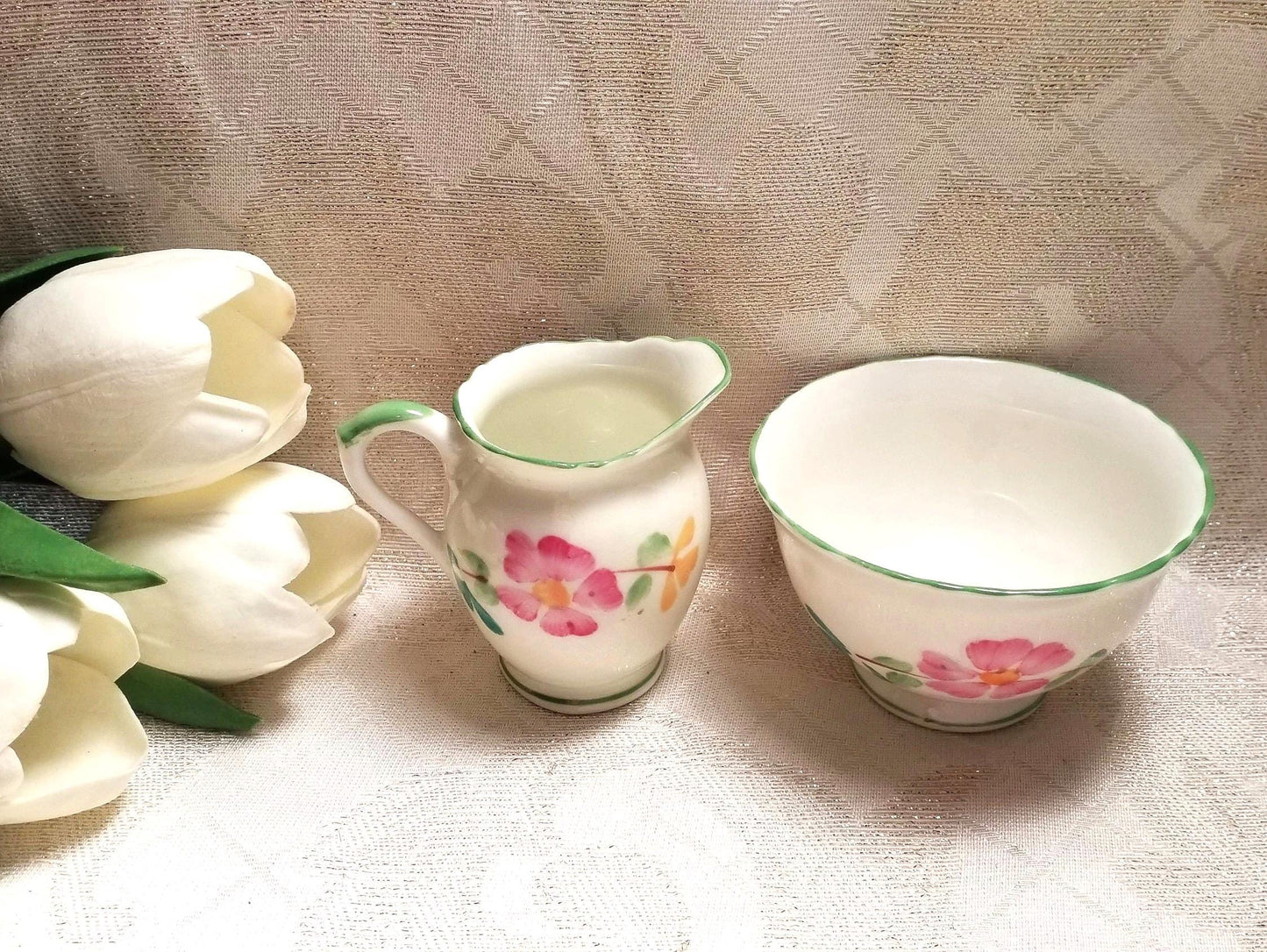 Vintage Sutherland Bone China Creamer and Sugar Bowl Set, Floral Chartreuse Trim