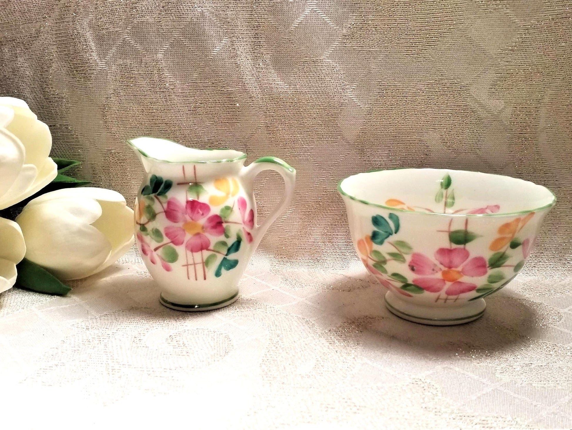 Vintage Sutherland Bone China Creamer and Sugar Bowl Set, Floral Chartreuse Trim