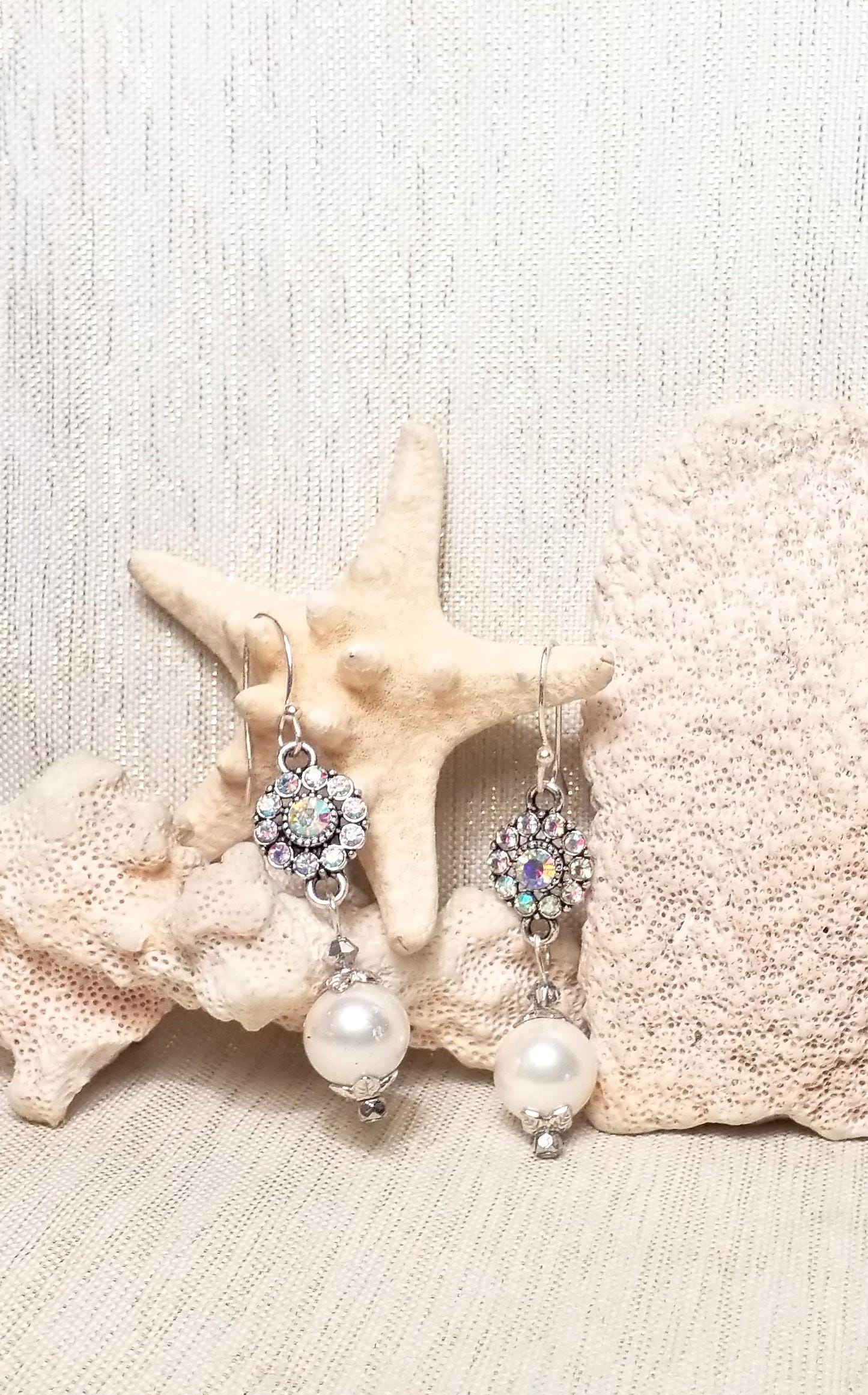 Handcrafted Wedding Earrings: AB Rhinestone & Czech Glass Pearls