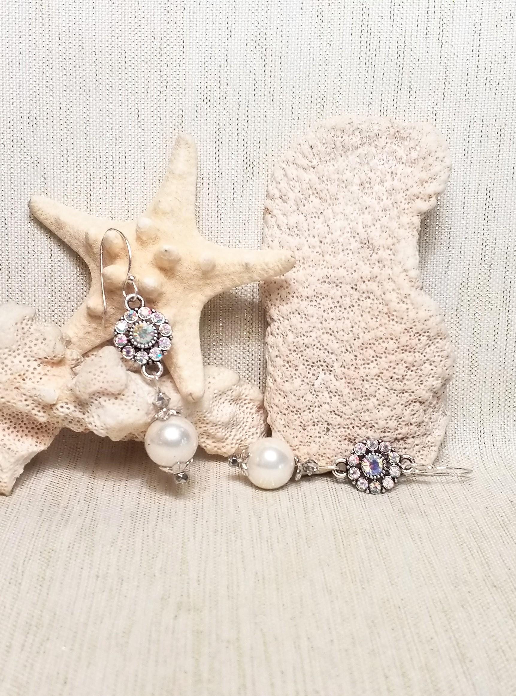 Handcrafted Wedding Earrings: AB Rhinestone & Czech Glass Pearls