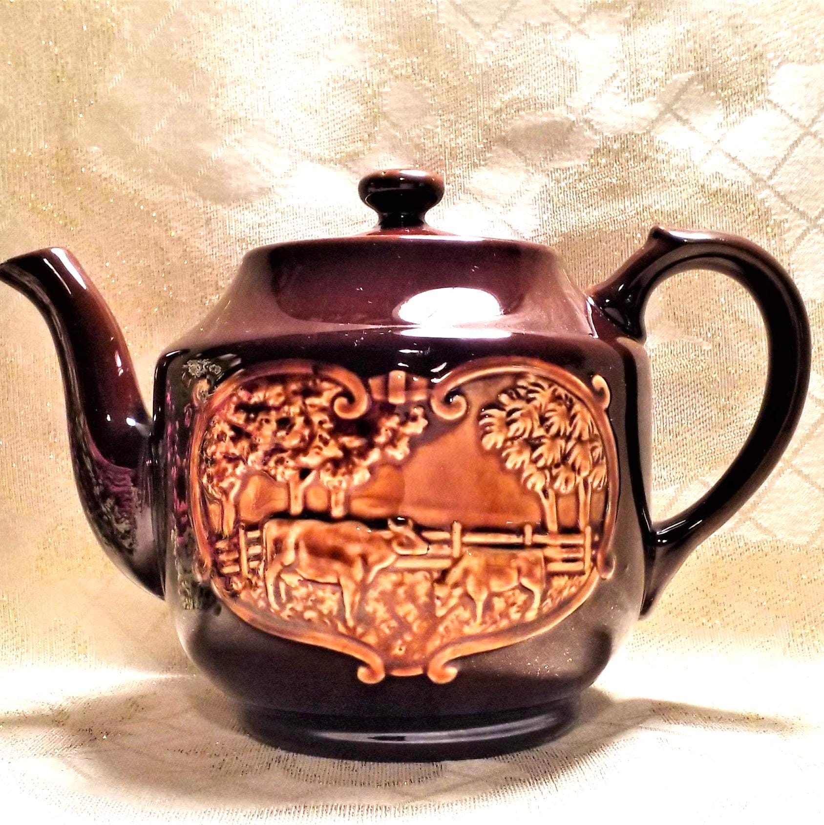 Vintage Teapot, Brown Glaze, Farmhouse Cow & Windmill Scene Always FREE Domestic SHIPPING