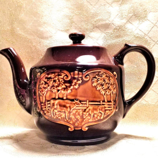 Vintage Teapot, Brown Glaze, Farmhouse Cow & Windmill Scene Always FREE Domestic SHIPPING