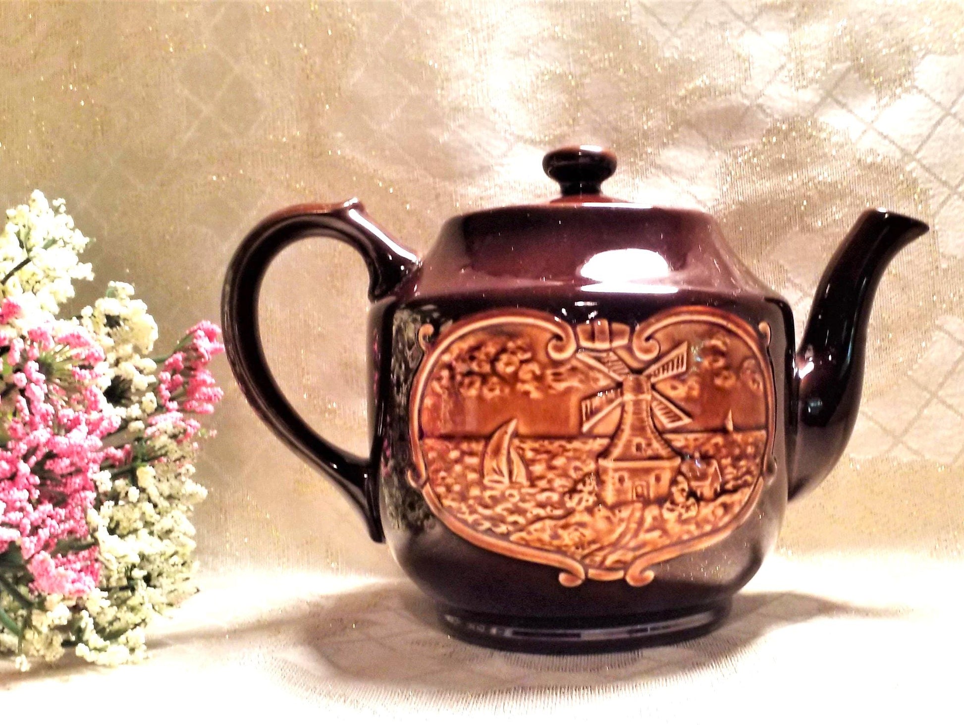 Vintage Teapot, Brown Glaze, Farmhouse Cow & Windmill Scene Always FREE Domestic SHIPPING