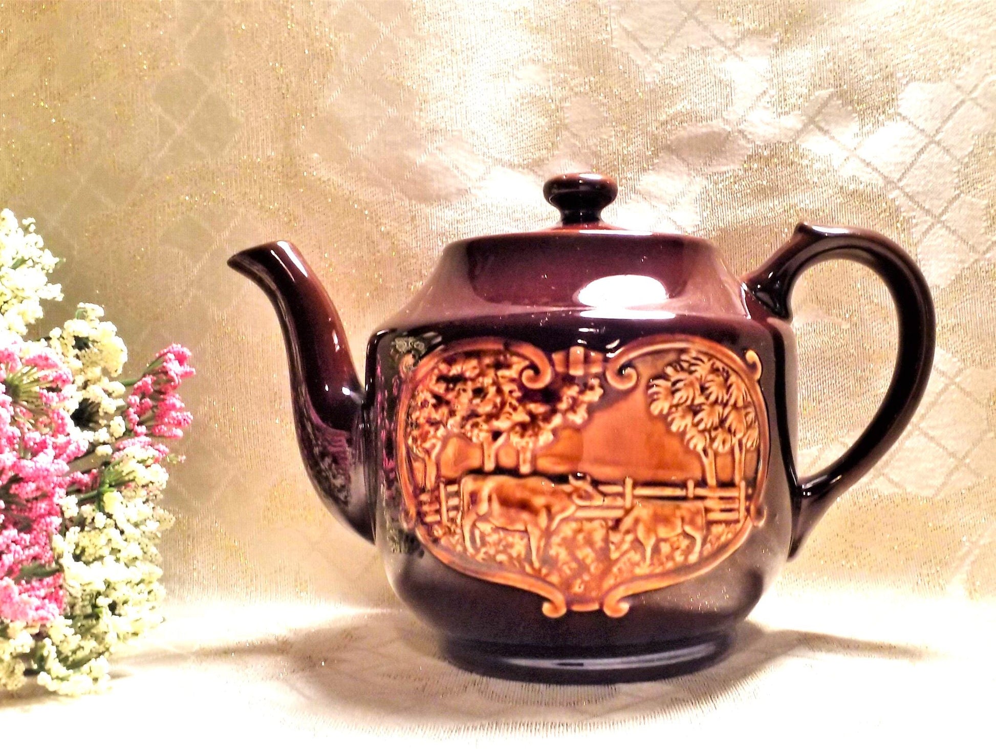Vintage Teapot, Brown Glaze, Farmhouse Cow & Windmill Scene Always FREE Domestic SHIPPING