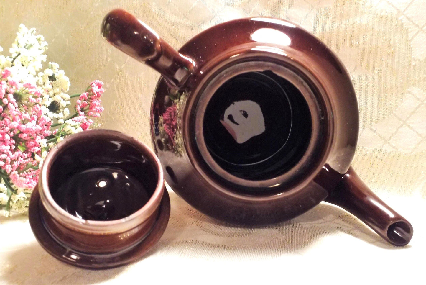 Vintage Teapot, Brown Glaze, Farmhouse Cow & Windmill Scene Always FREE Domestic SHIPPING