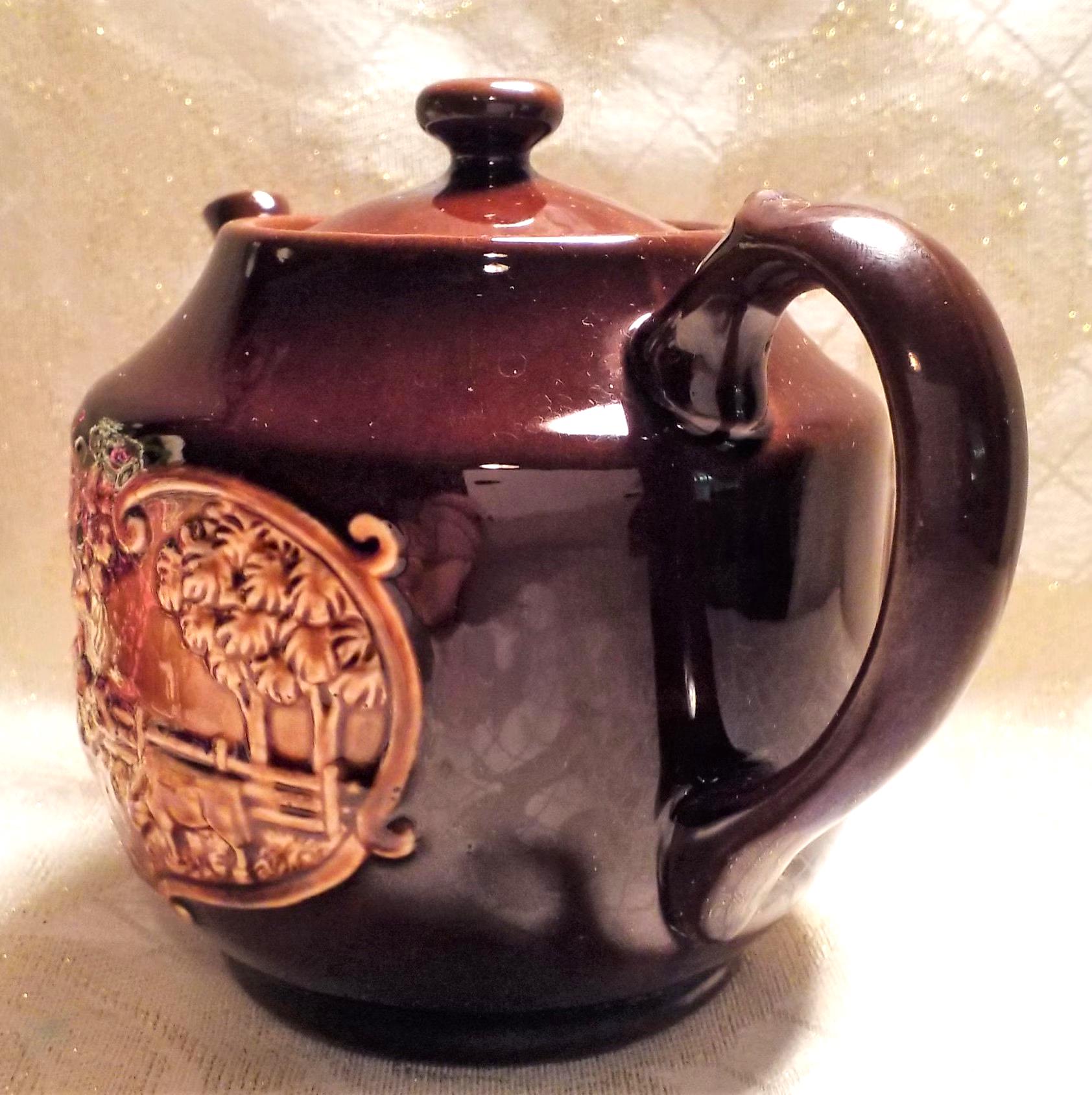 Vintage Teapot, Brown Glaze, Farmhouse Cow & Windmill Scene Always FREE Domestic SHIPPING