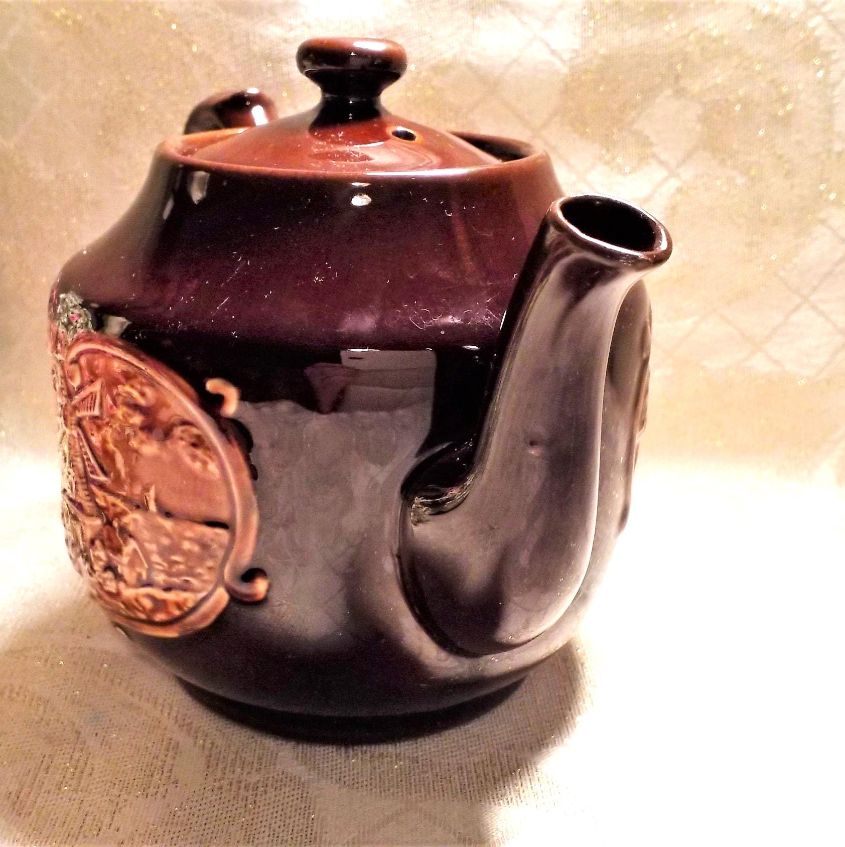 Vintage Teapot, Brown Glaze, Farmhouse Cow & Windmill Scene Always FREE Domestic SHIPPING
