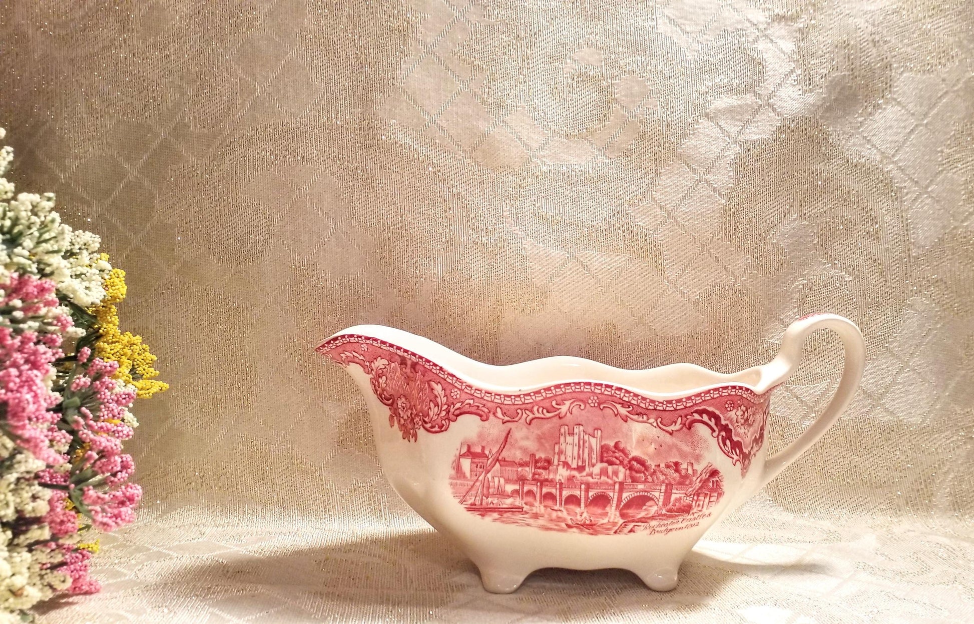 Vintage Johnson Bros Old Britain Castles Red Transferware Gravy Boat Always FREE Domestic SHIPPING