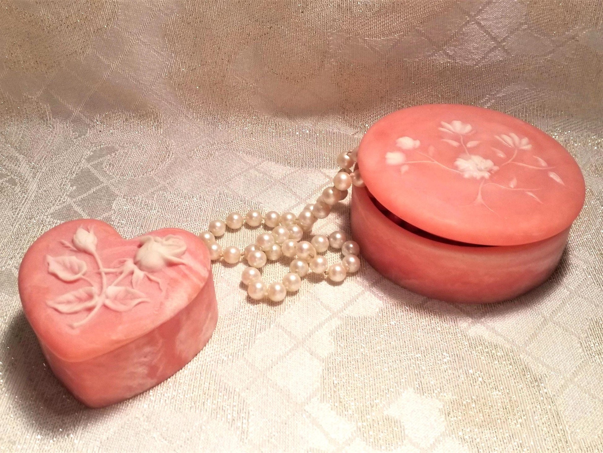 Vintage Incolay Style Trinket Boxes Floral Jewelry Holder Set Always FREE Domestic SHIPPING