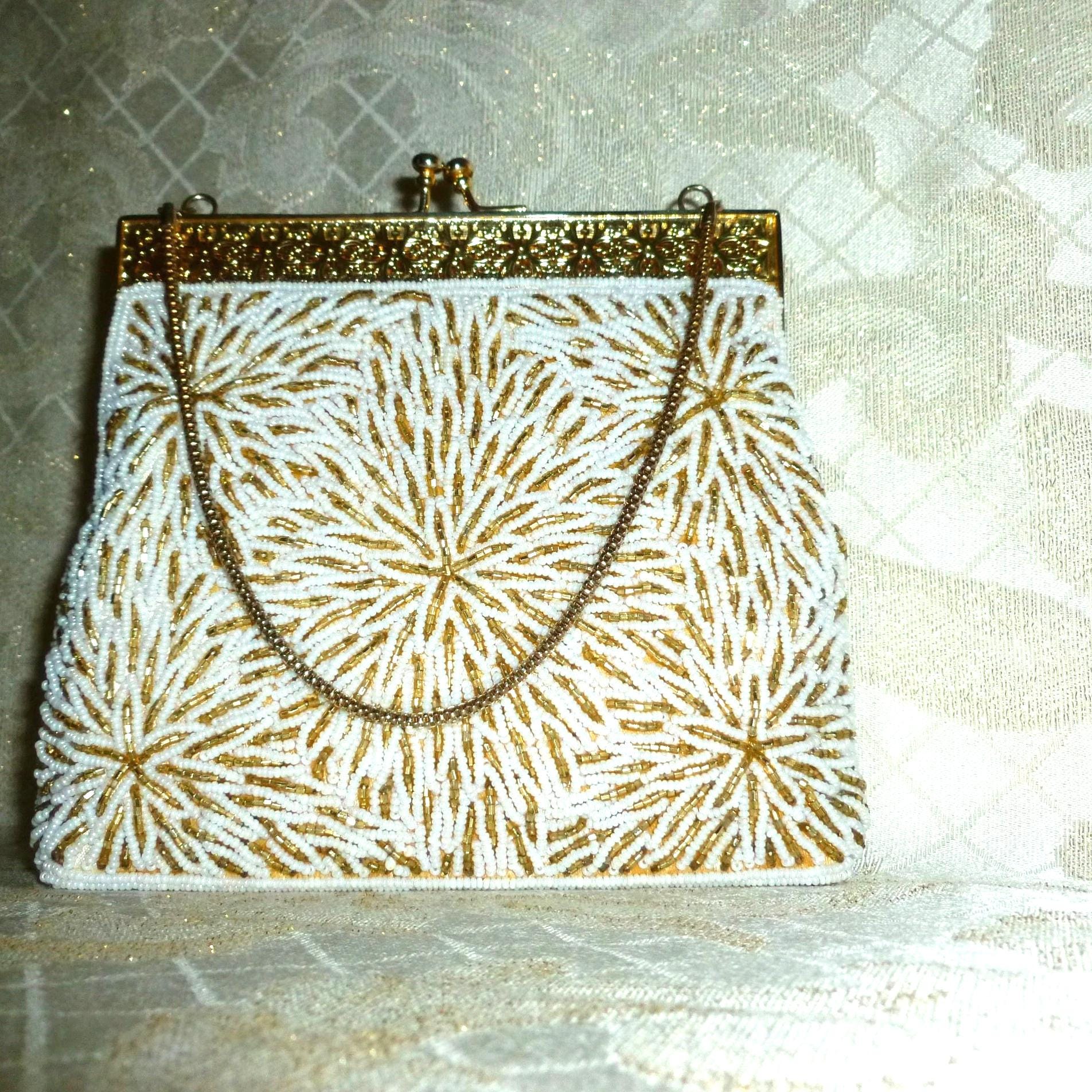 Handbeaded Wedding Handbag, Elegant White & Gold Seed Beads, Filigree Closure