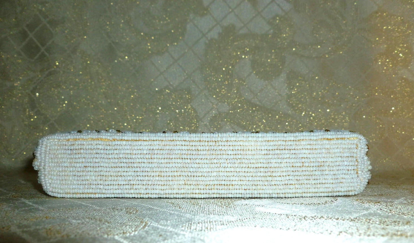 Handbeaded Wedding Handbag, Elegant White & Gold Seed Beads, Filigree Closure