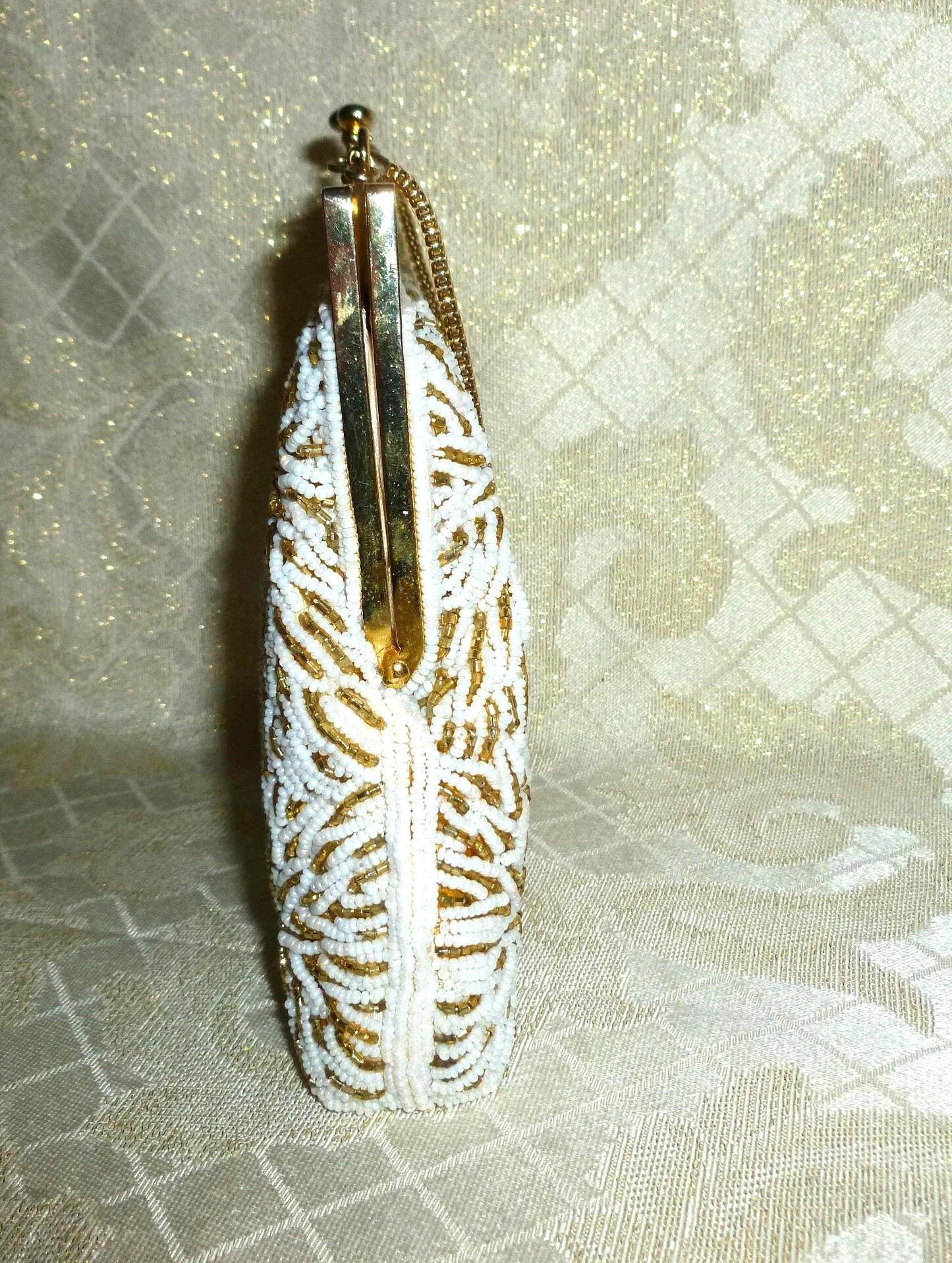 Handbeaded Wedding Handbag, Elegant White & Gold Seed Beads, Filigree Closure