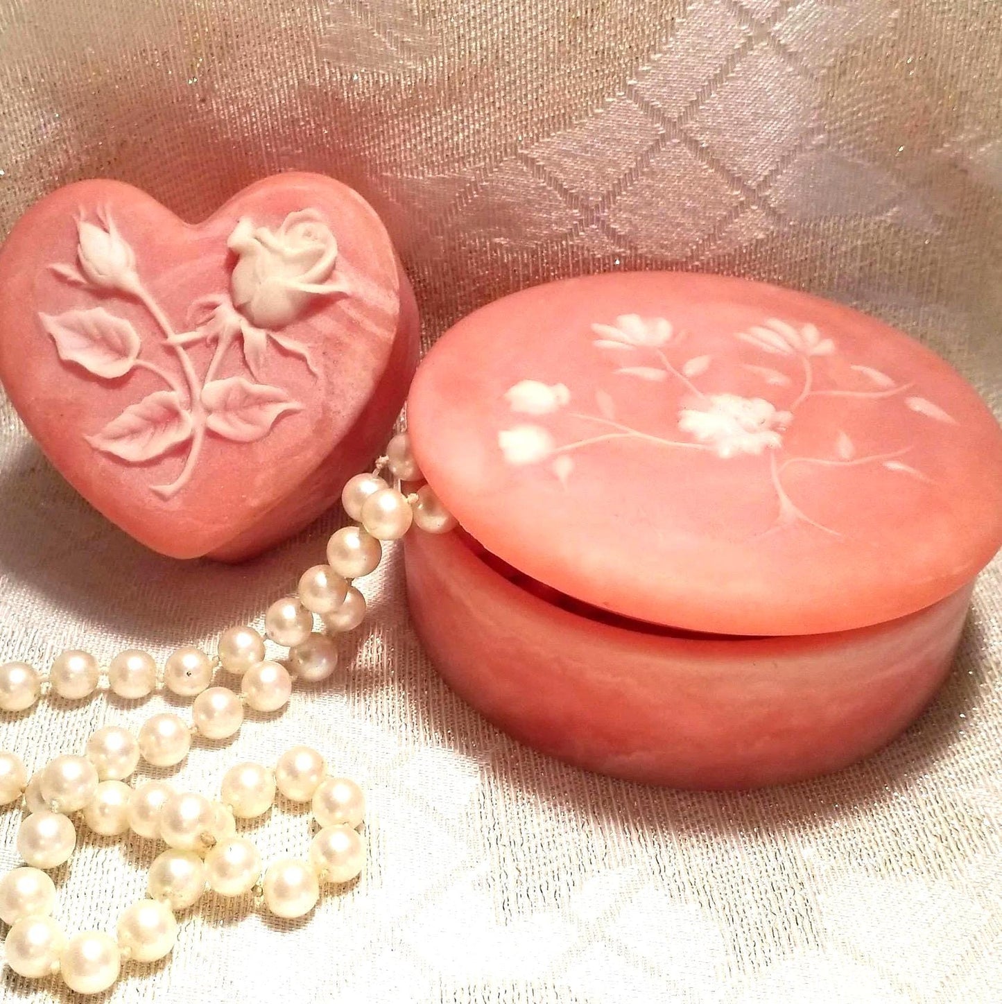 Vintage Incolay Style Trinket Boxes Floral Jewelry Holder Set Always FREE Domestic SHIPPING