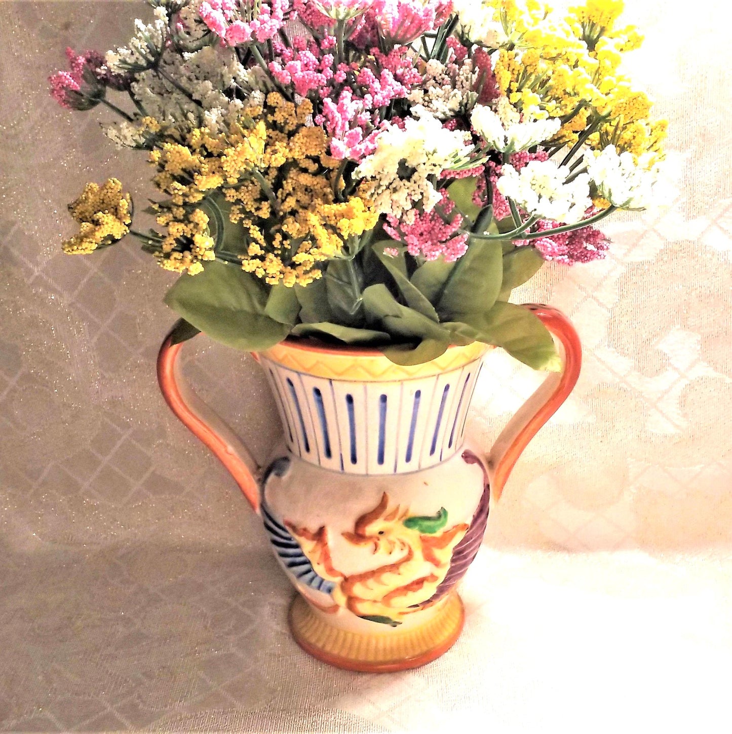 Vintage Dragon & Fleur-de-lis Vase, Colorful Scottish Asian Style Always FREE Domestic SHIPPING