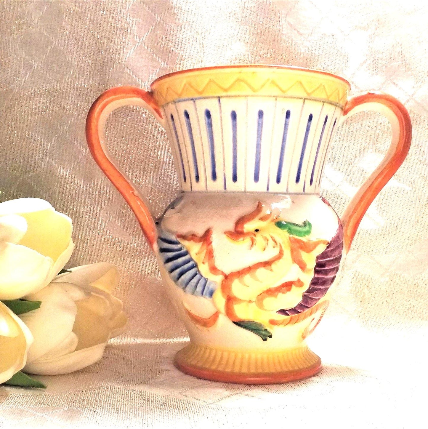 Vintage Dragon & Fleur-de-lis Vase, Colorful Scottish Asian Style Always FREE Domestic SHIPPING