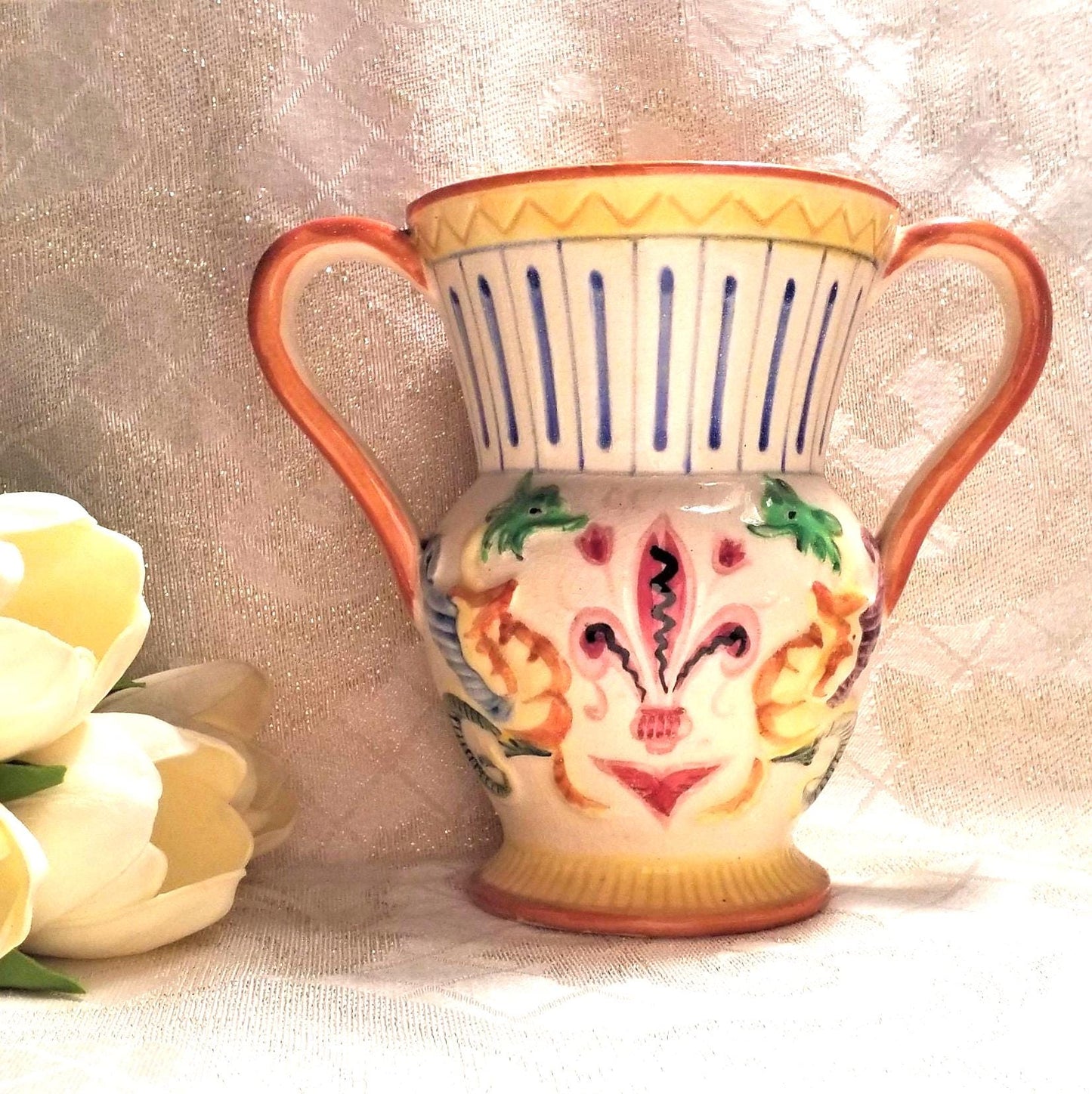 Vintage Dragon & Fleur-de-lis Vase, Colorful Scottish Asian Style Always FREE Domestic SHIPPING