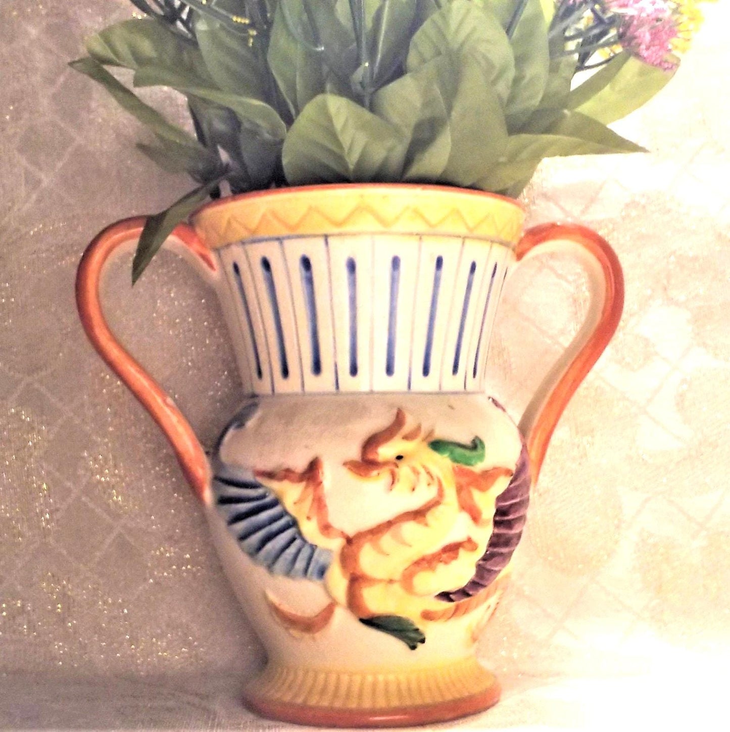 Vintage Dragon & Fleur-de-lis Vase, Colorful Scottish Asian Style Always FREE Domestic SHIPPING