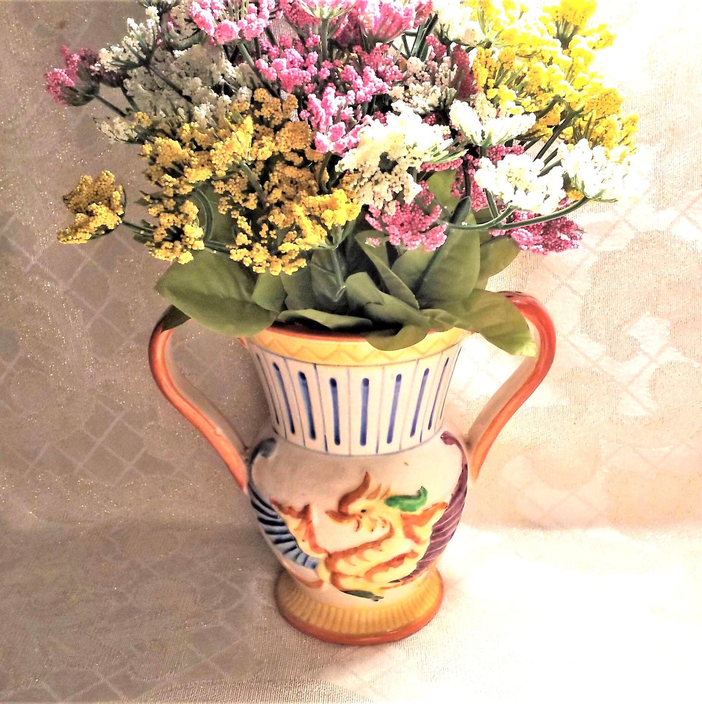 Vintage Dragon & Fleur-de-lis Vase, Colorful Scottish Asian Style Always FREE Domestic SHIPPING