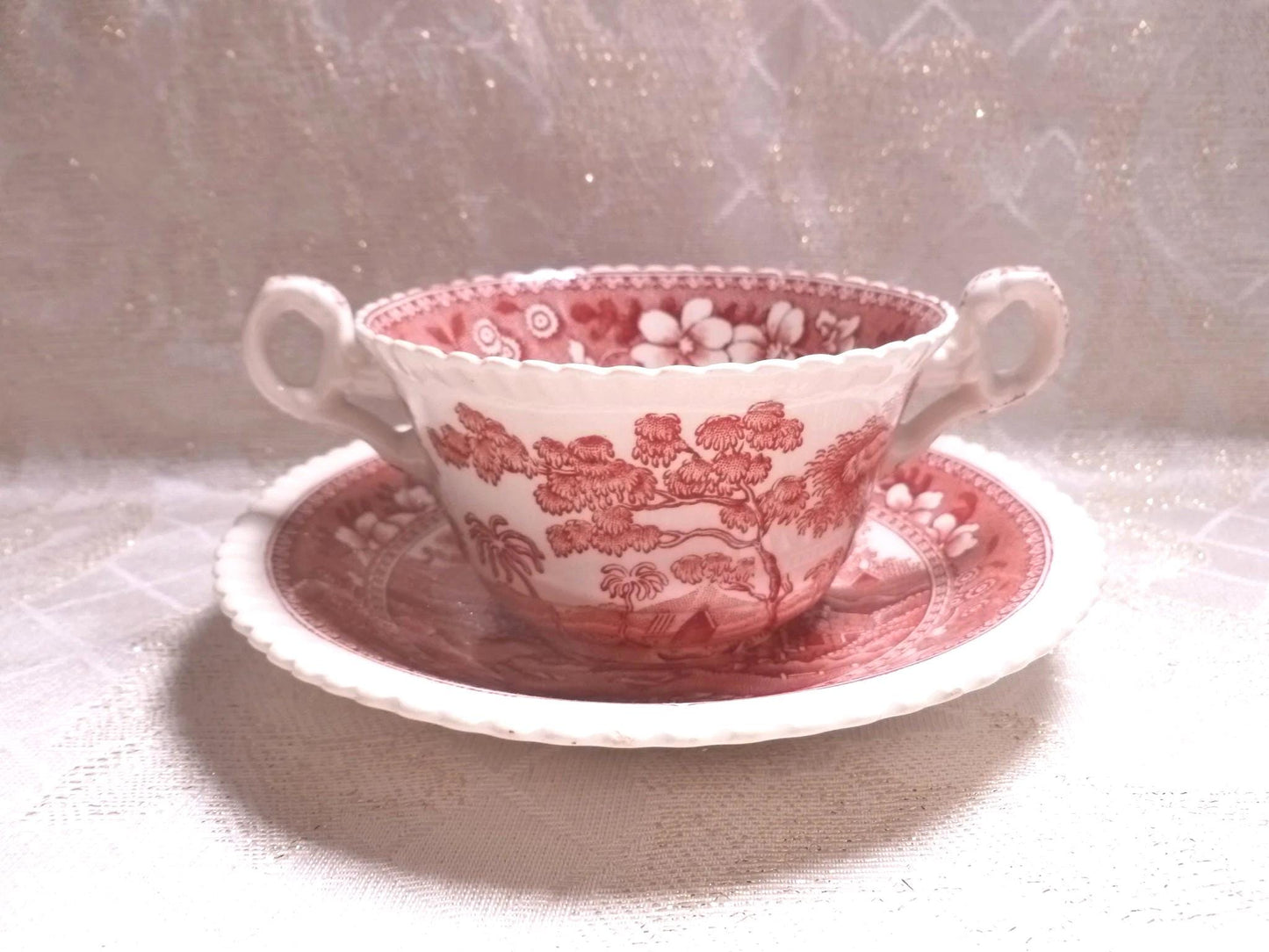 Vintage Spode's Tower Cream Soup Cup and Saucer, 1920s Red Transferware