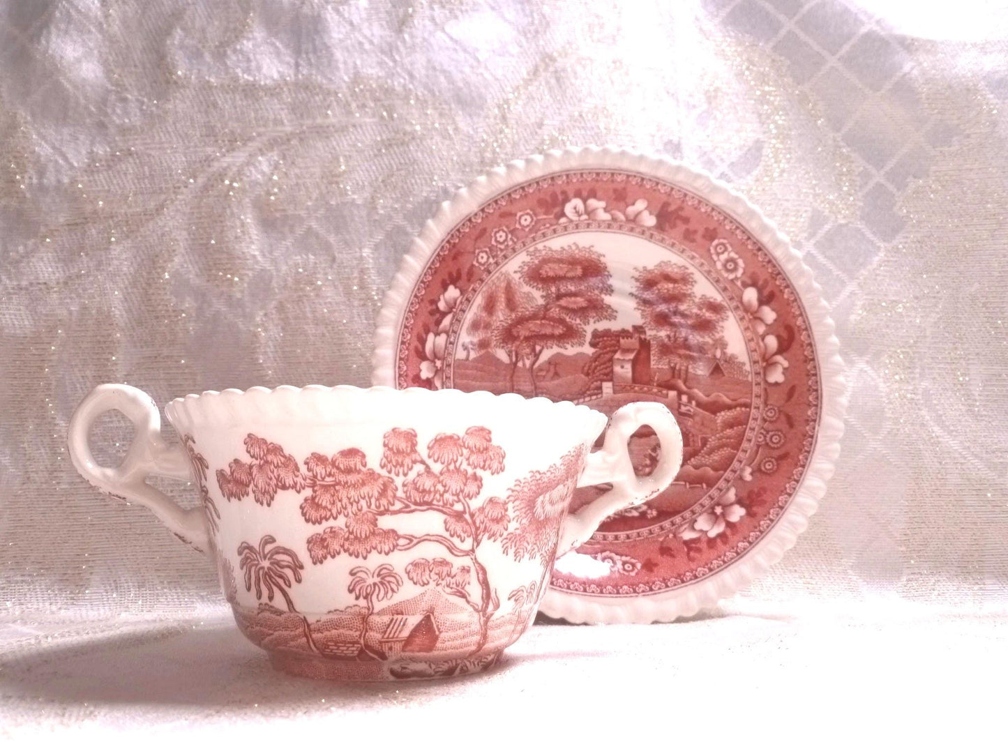 Vintage Spode's Tower Cream Soup Cup and Saucer, 1920s Red Transferware