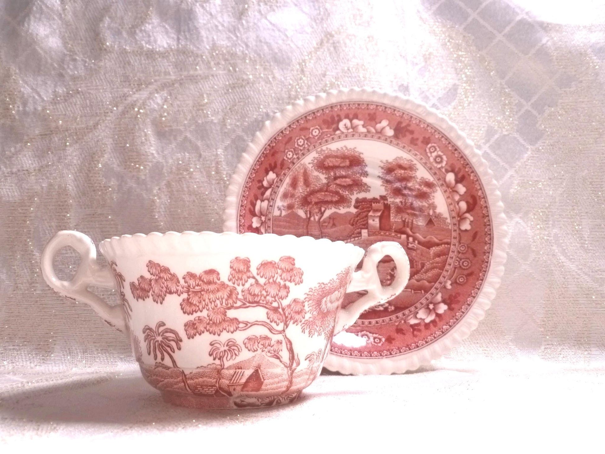 Vintage Spode's Tower Cream Soup Cup and Saucer, 1920s Red Transferware