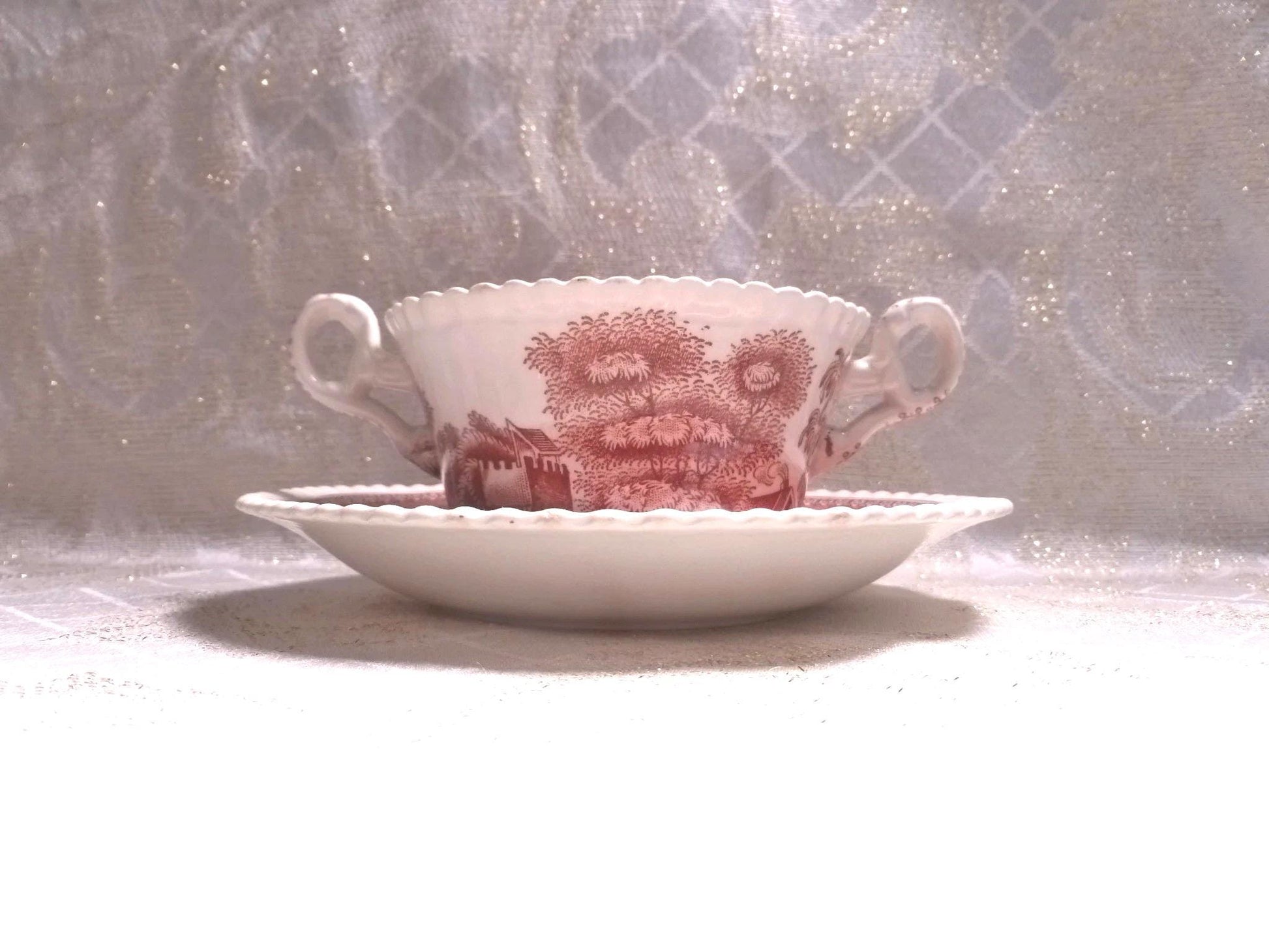 Vintage Spode's Tower Cream Soup Cup and Saucer, 1920s Red Transferware