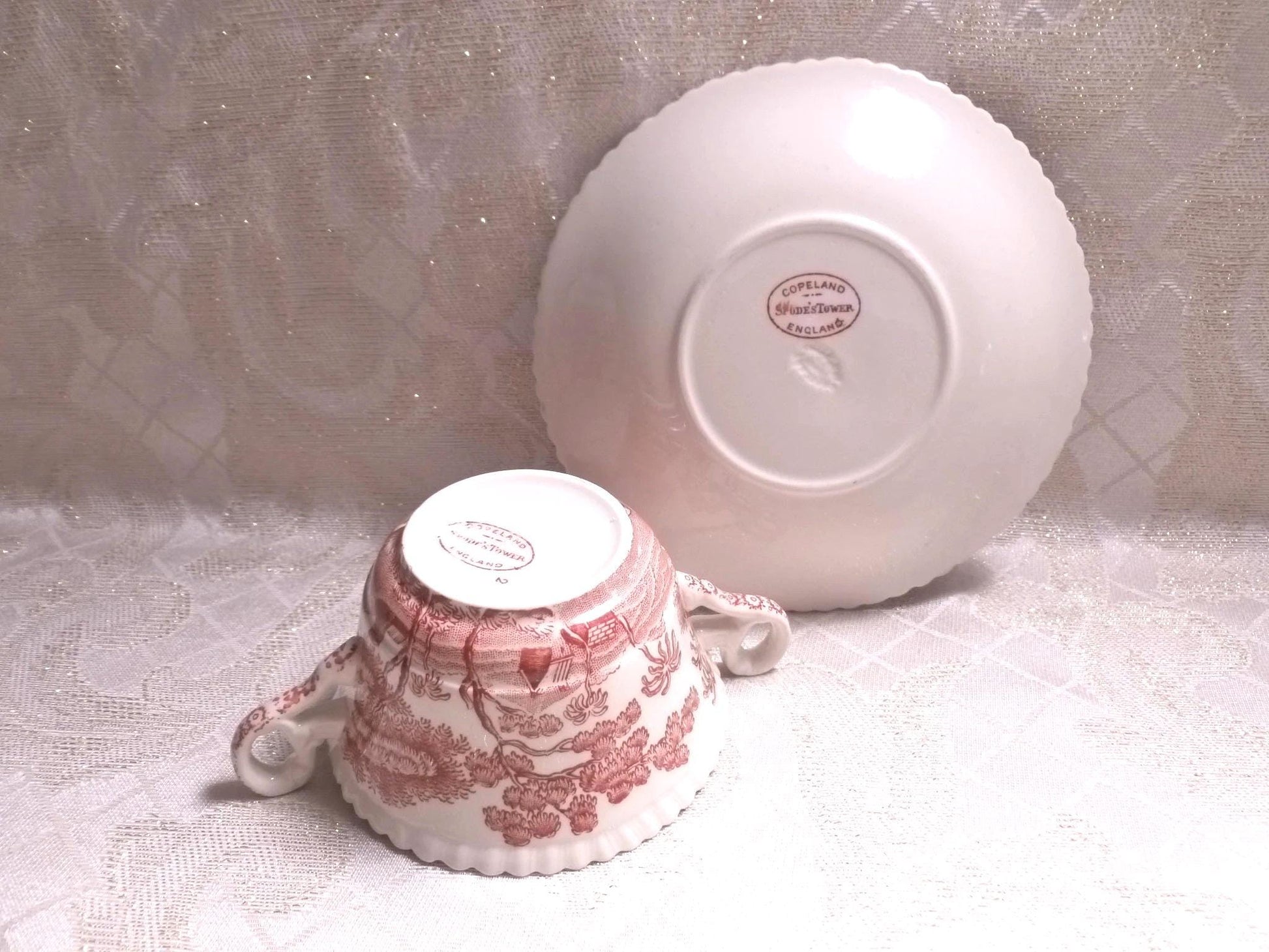 Vintage Spode's Tower Cream Soup Cup and Saucer, 1920s Red Transferware