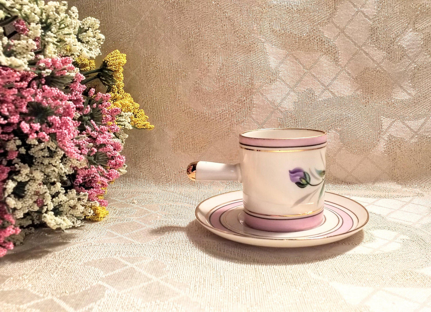 Floral Demitasse Cup and Saucer Espresso Bone China with Gold Trim Always FREE Domestic SHIPPING