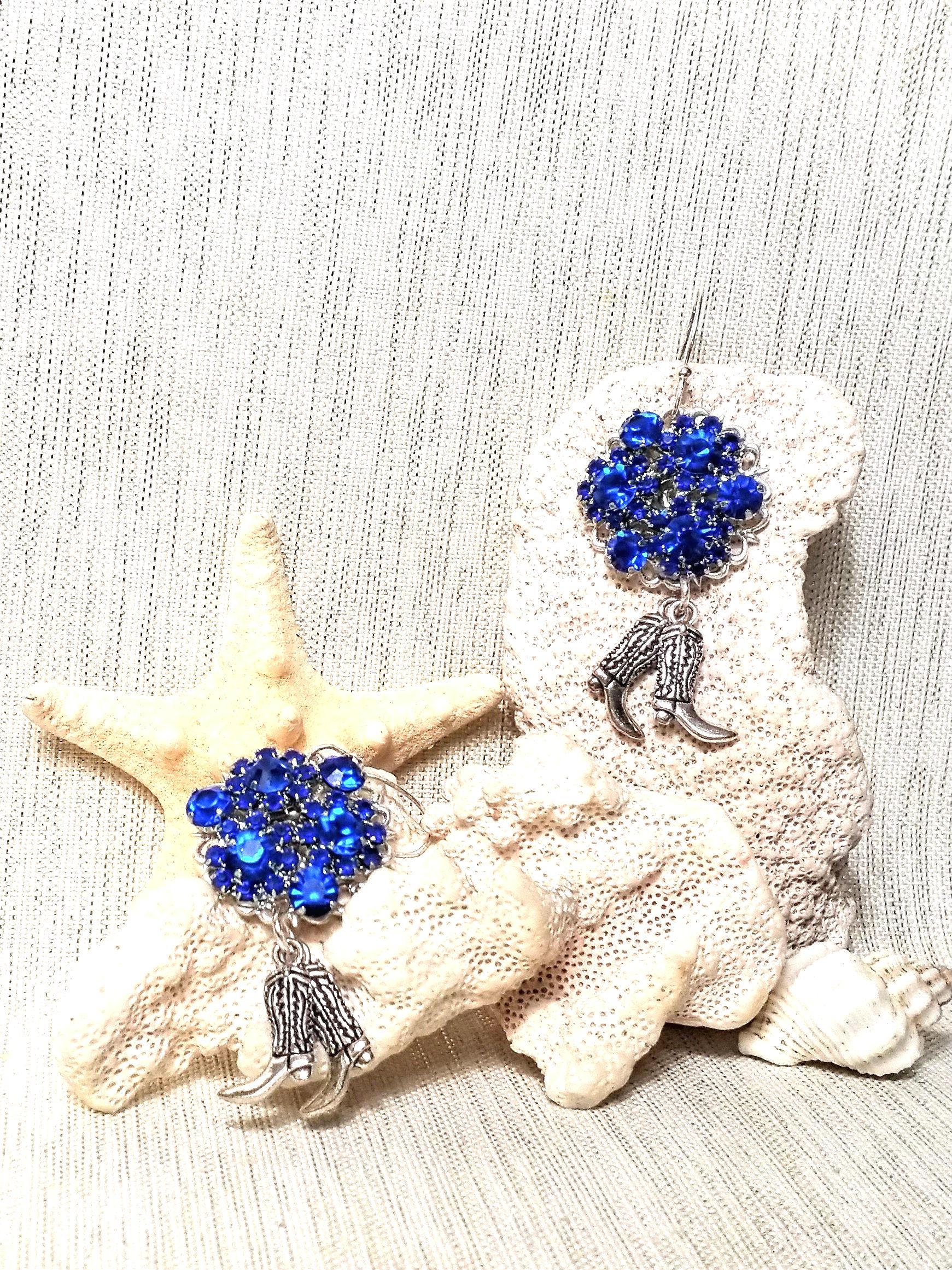 Handcrafted Royal Blue Rhinestone Earrings with Cowboy Boot Charm Always FREE Domestic SHIPPING