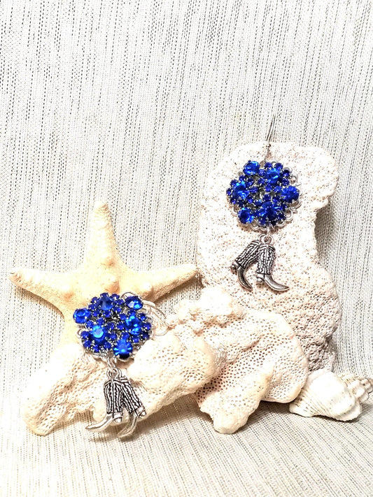 Handcrafted Royal Blue Rhinestone Earrings with Cowboy Boot Charm Always FREE Domestic SHIPPING