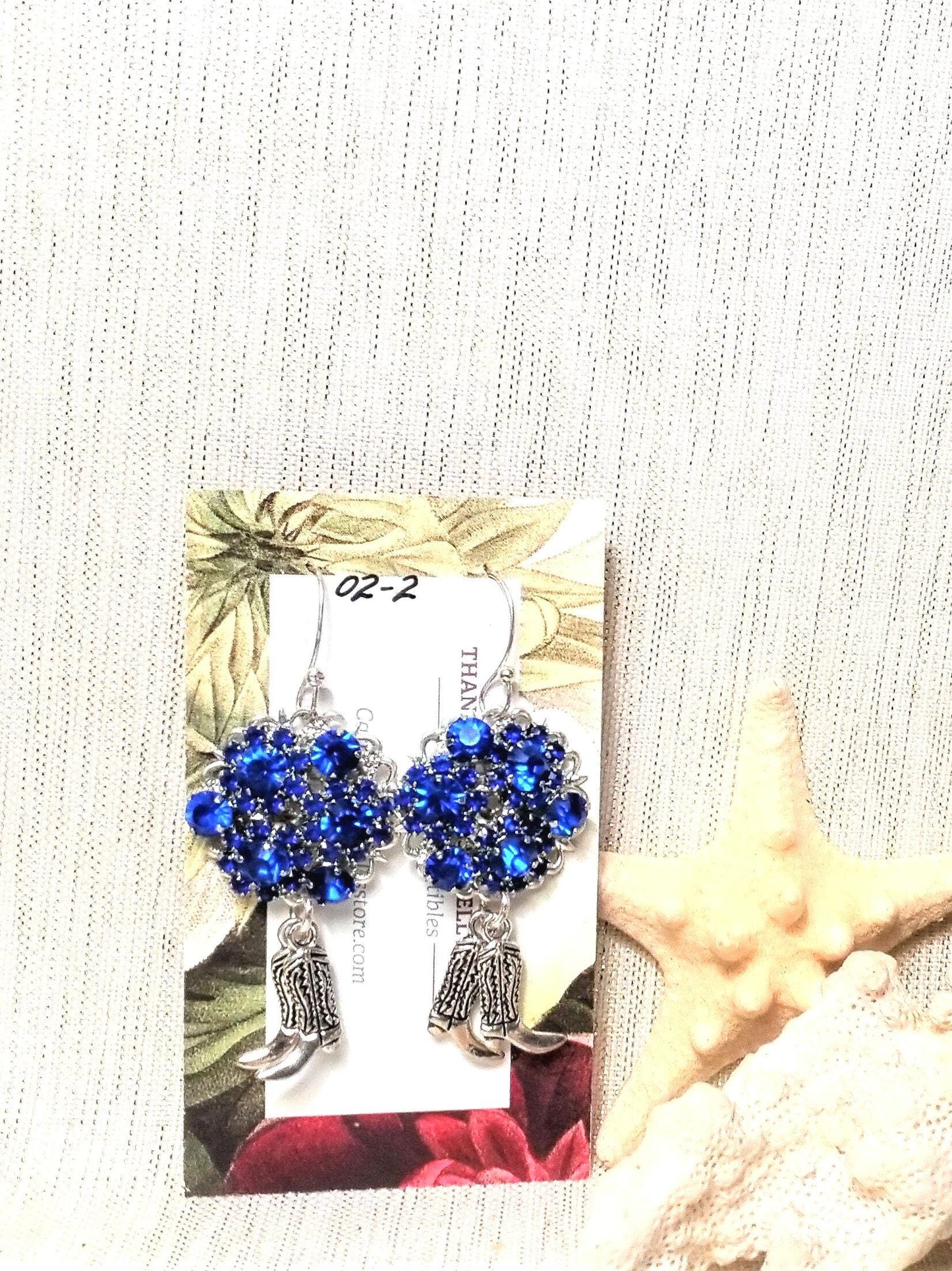 Handcrafted Royal Blue Rhinestone Earrings with Cowboy Boot Charm Always FREE Domestic SHIPPING