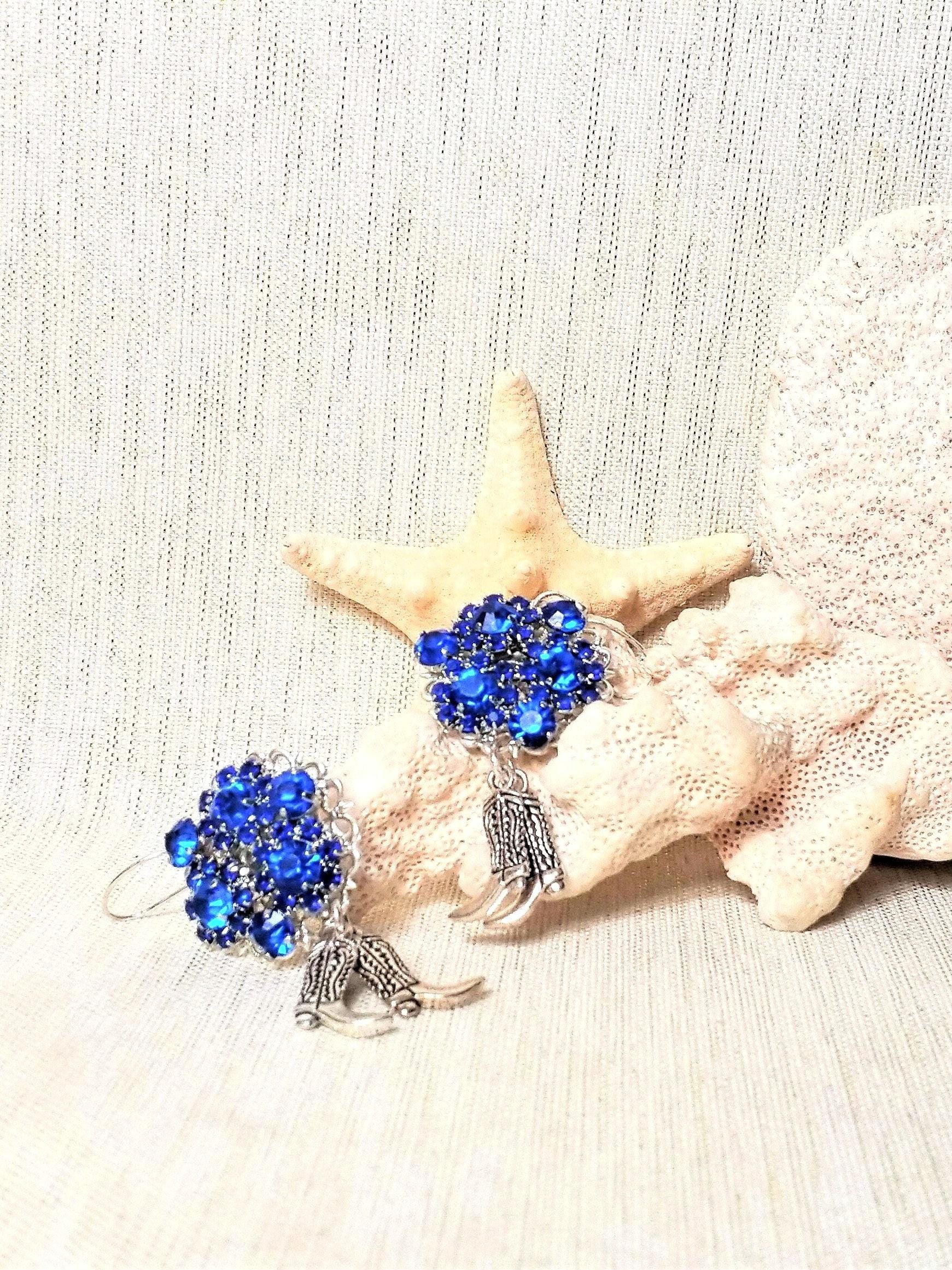 Handcrafted Royal Blue Rhinestone Earrings with Cowboy Boot Charm Always FREE Domestic SHIPPING