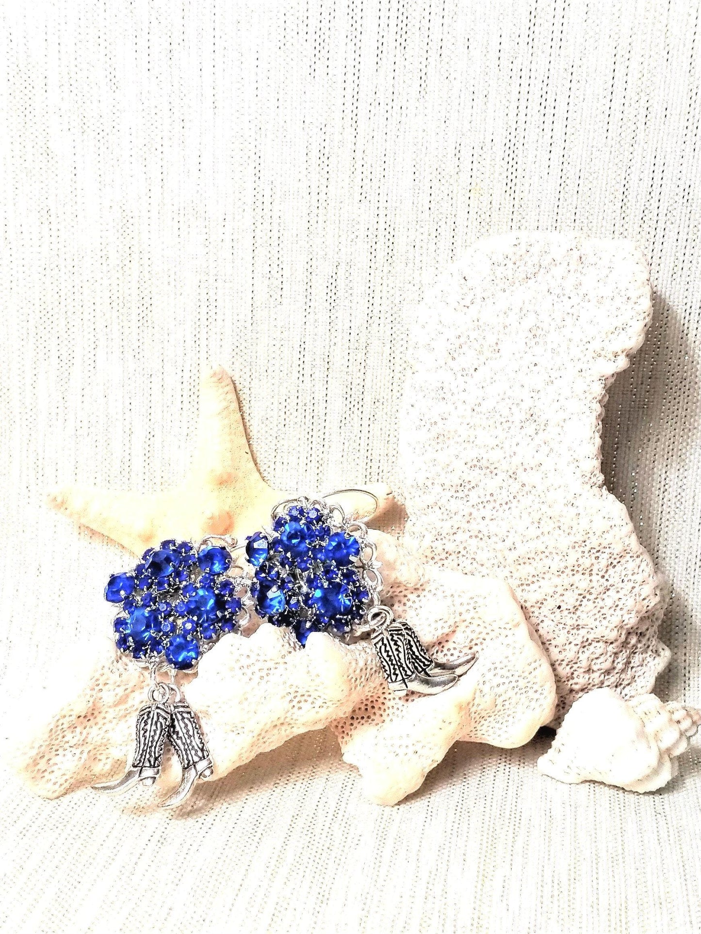 Handcrafted Royal Blue Rhinestone Earrings with Cowboy Boot Charm Always FREE Domestic SHIPPING