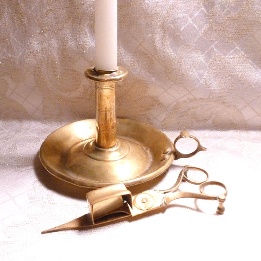 Antique Brass Candlestick Holder & Snuffer Scissors Set, Farmhouse Decor